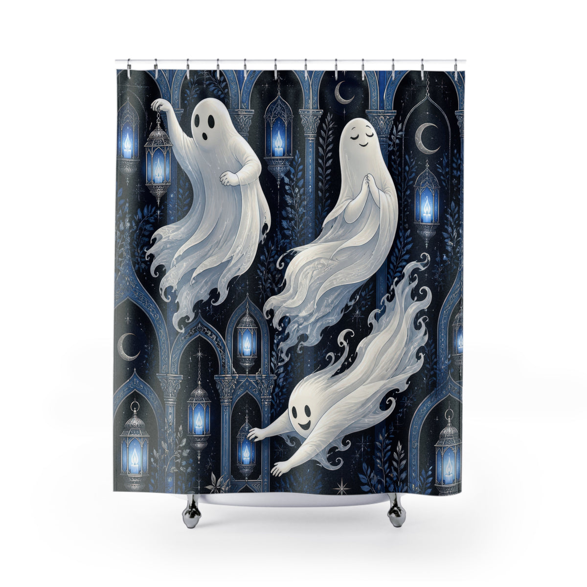 White ghosts in a light blue lantern arcade shower curtain with full front view