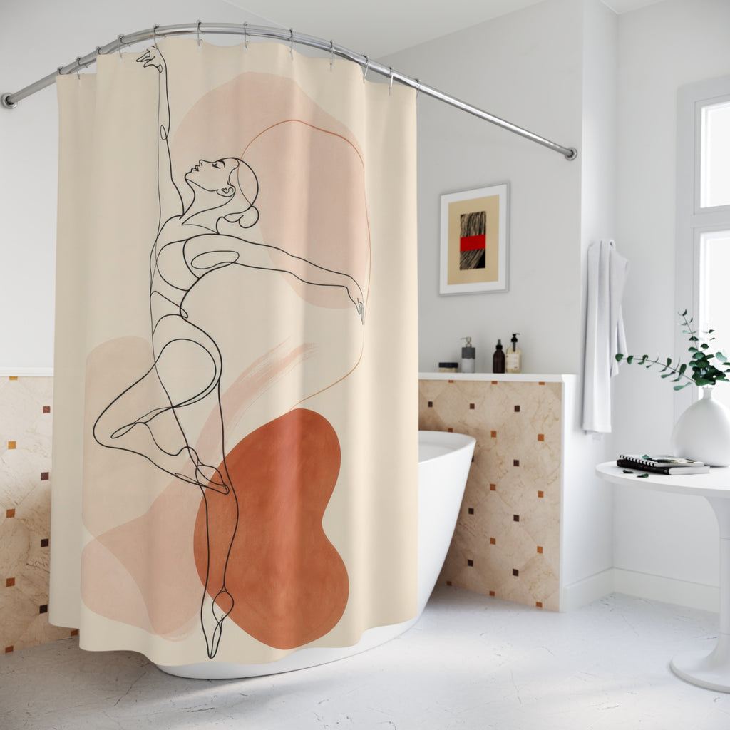 Line Art Shower Curtain, Dancing Figure Abstract Pattern, Beige Peach Bathroom Decor, Modern Guest Bath Figure Art Style