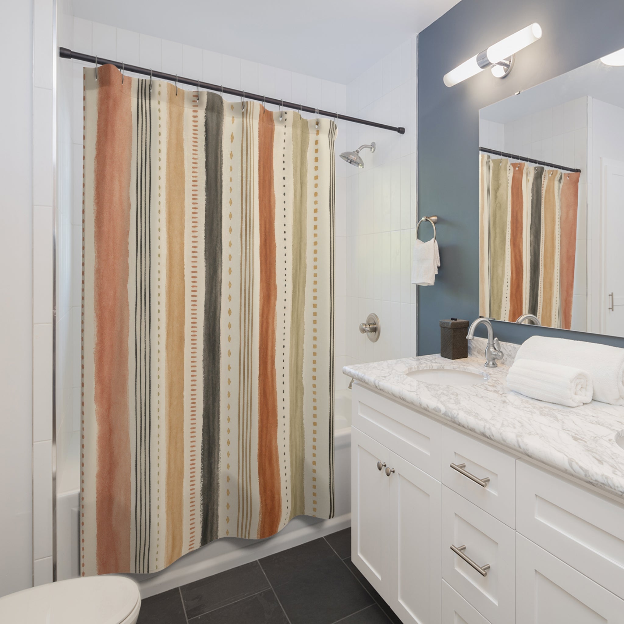 Blush Sage Beige Dotted Stripe Shower Curtain