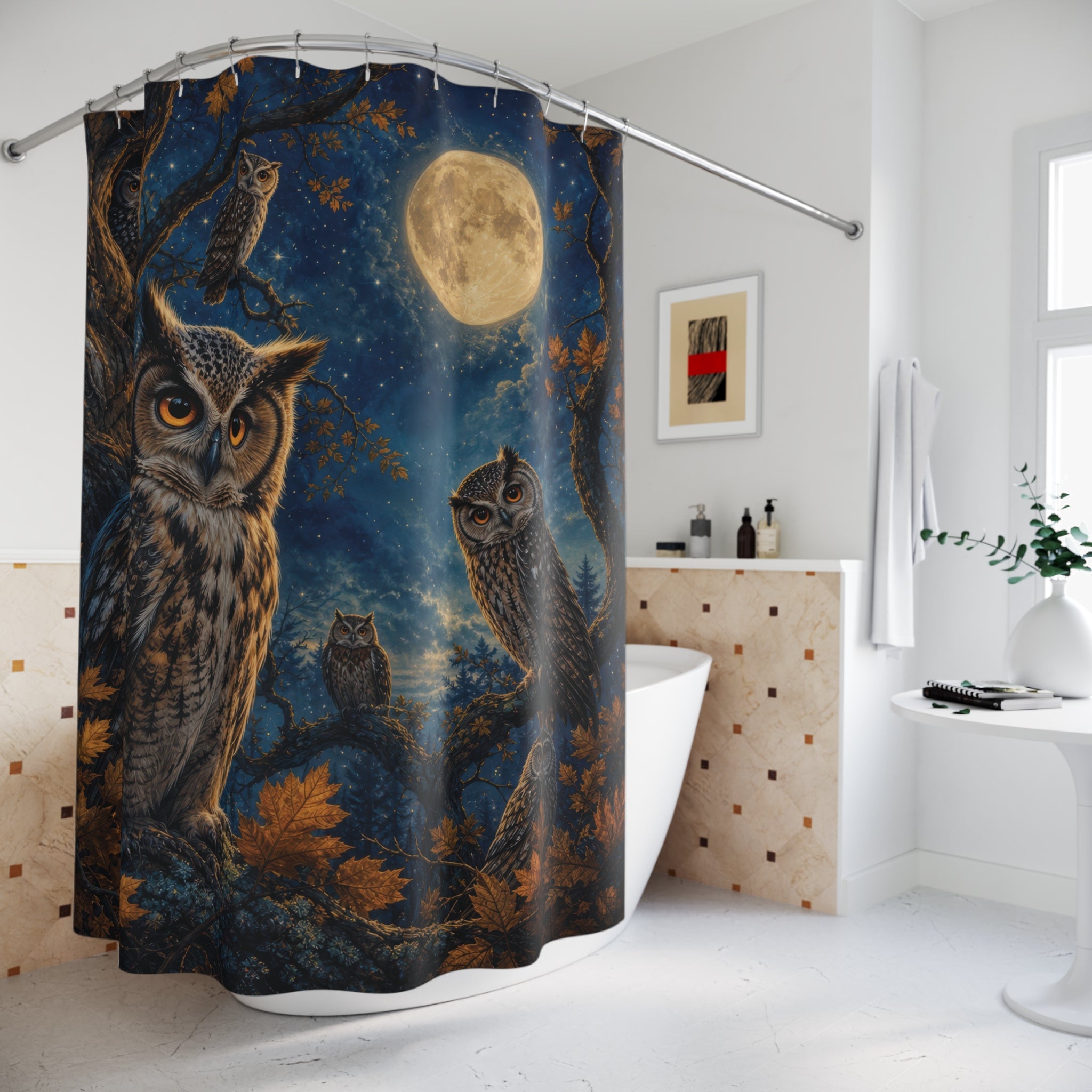 Owl Shower Curtain: Moonlit Forest Bird
