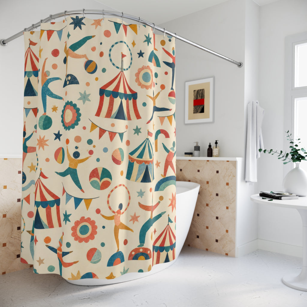 Kids Circus Shower Curtain, Carnival Tent Flag Pattern, Colorful Playroom Bathroom Decor, Festive Preschool Wall Guest Bath Wall Gift