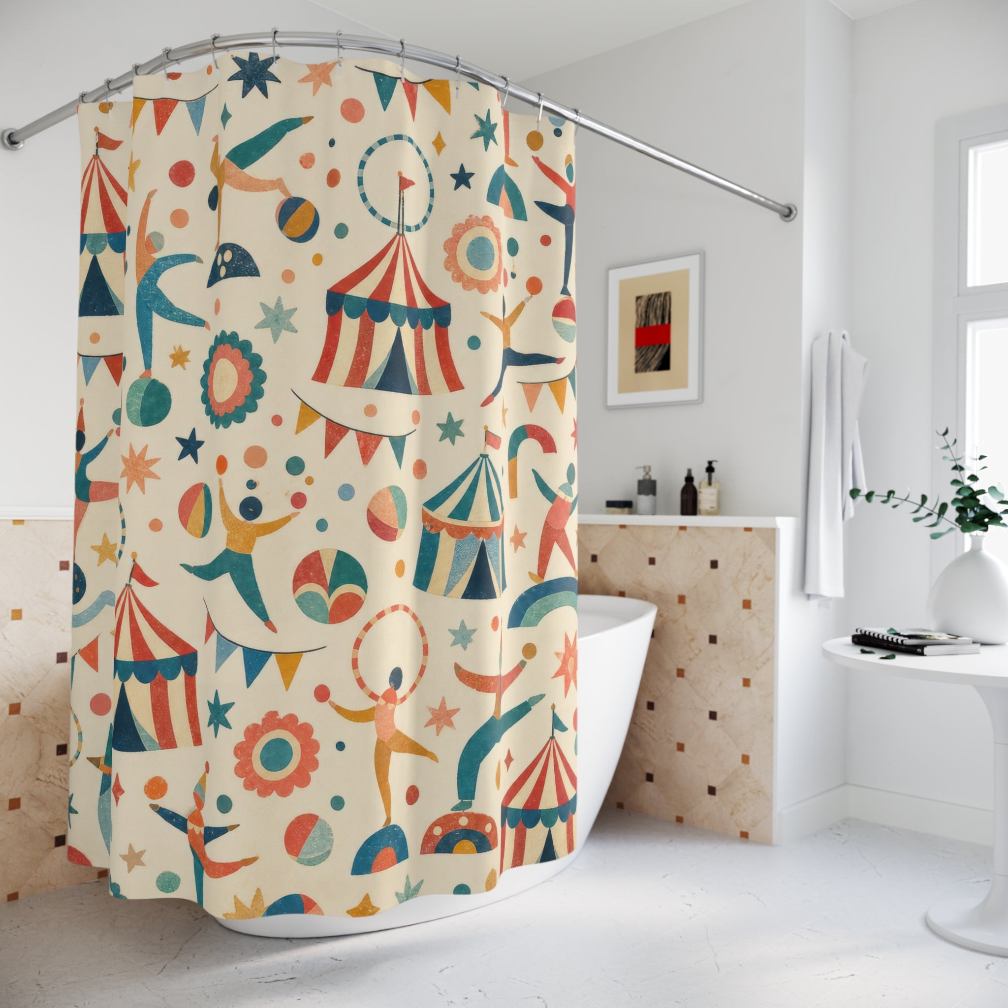 Kids Circus Shower Curtain, Carnival Tent Flag Pattern, Colorful Playroom Bathroom Decor, Festive Preschool Wall Guest Bath Wall Gift