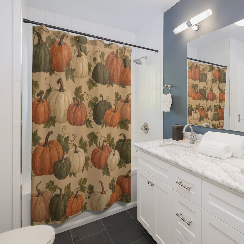 Orange olive and cream pumpkins with leafy stems shower curtain beside a white vanity