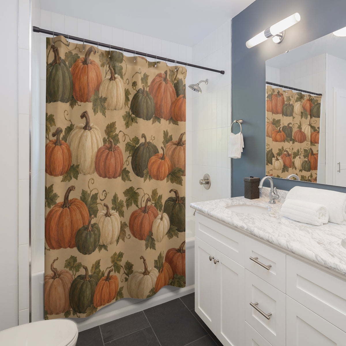 Orange olive and cream pumpkins with leafy stems shower curtain beside a white vanity