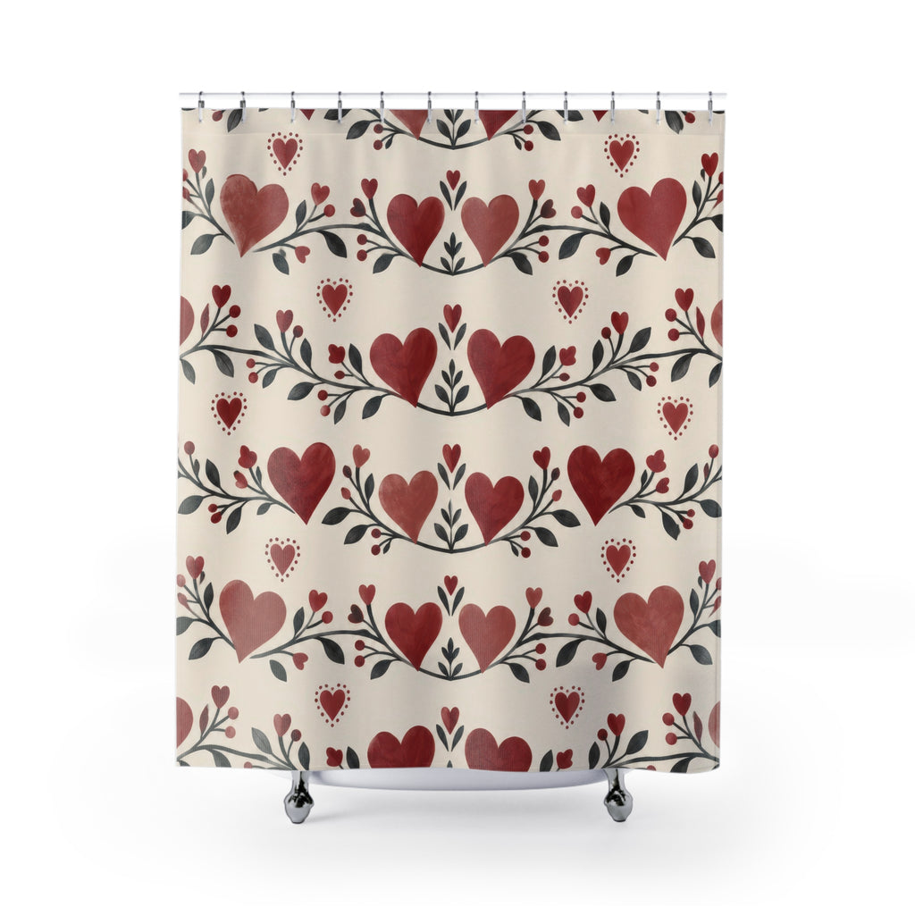 Red and rose hearts with charcoal leaves shower curtain with full front view