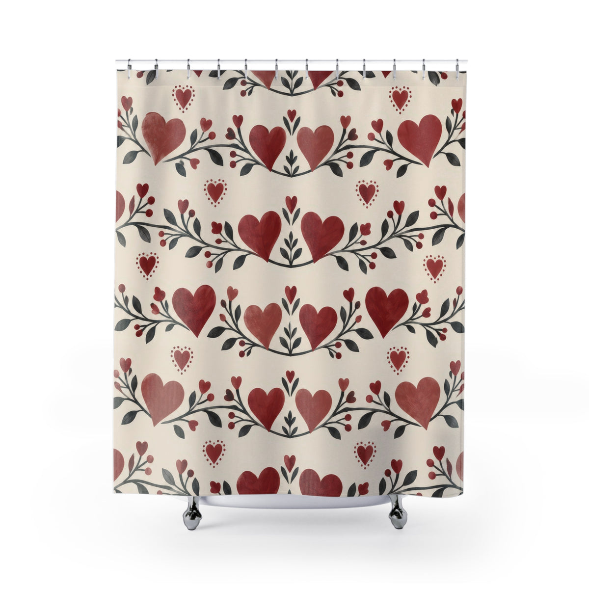 Red and rose hearts with charcoal leaves shower curtain with full front view