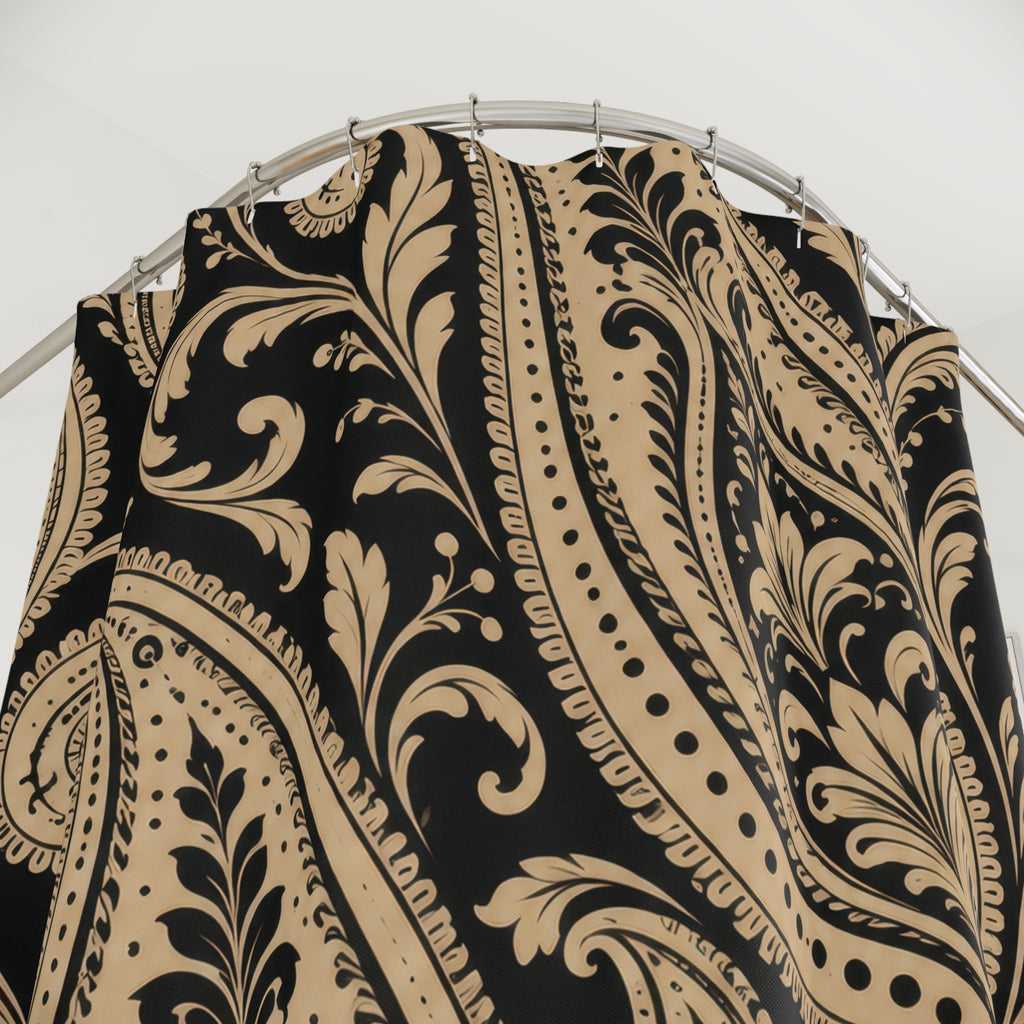Beige and black paisley scrollwork shower curtain with close-up print, hooks, and folds