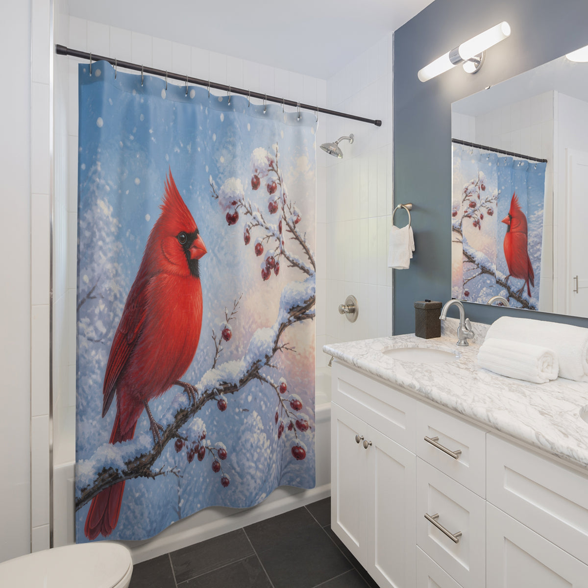 Red cardinal on snowy berry bough shower curtain beside a white vanity