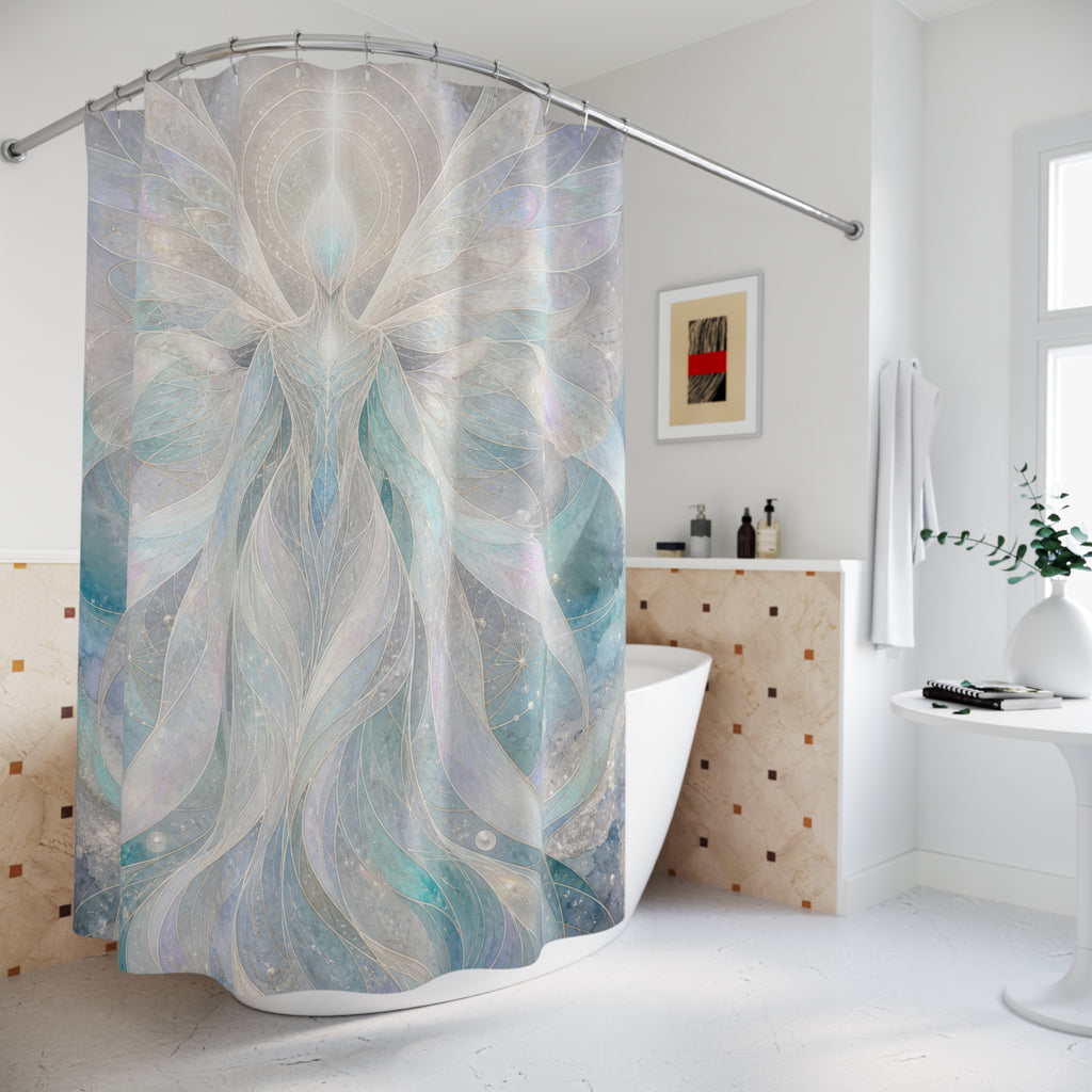 Unique Angel Shower Curtain, Abstract Light Angel Art, Opal Turquoise Celestial Decor, Peaceful Spiritual Bathroom Accent, Modern Bath