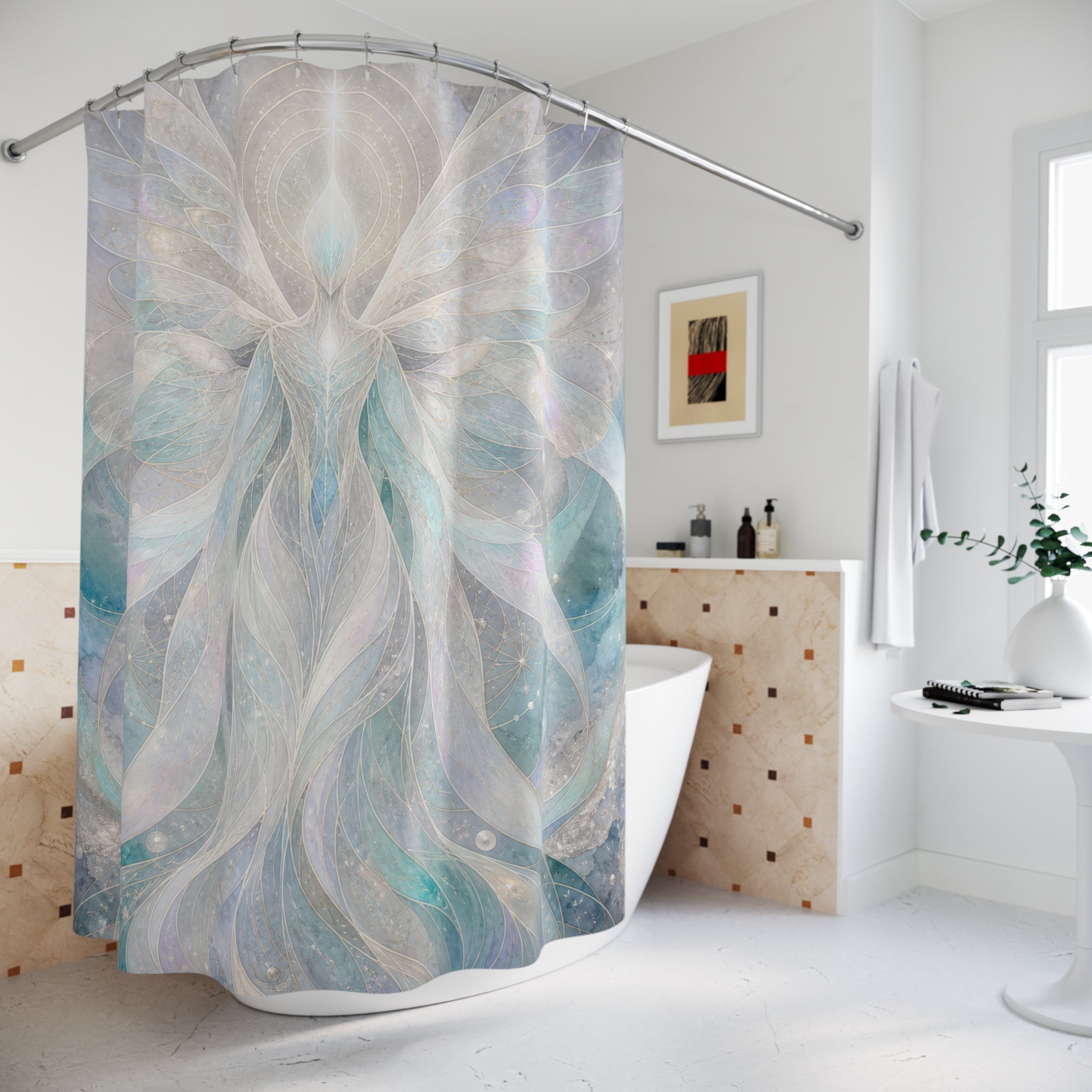Unique Angel Shower Curtain, Abstract Light Angel Art, Opal Turquoise Celestial Decor, Peaceful Spiritual Bathroom Accent, Modern Bath