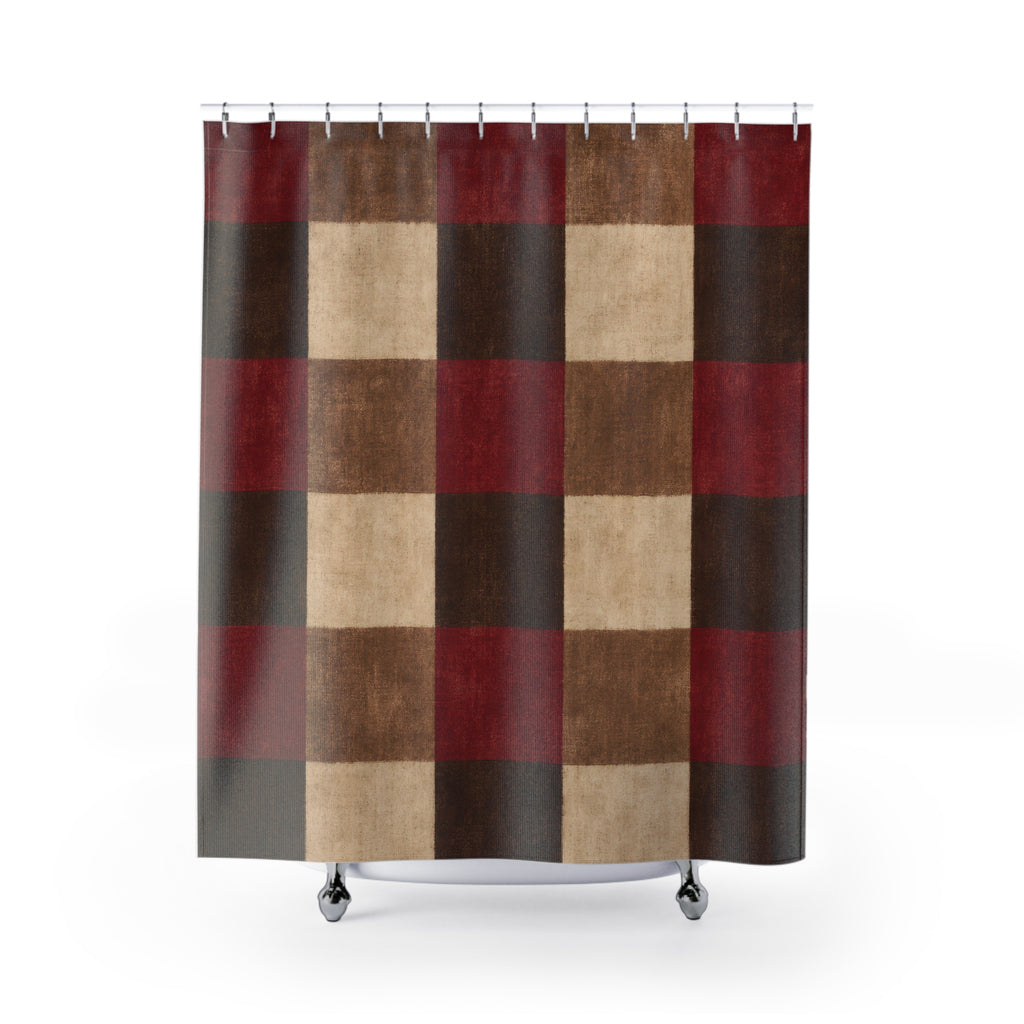Buffalo Plaid Shower Curtain, Red Brown Farmhouse Bath Decor, Cream Checkered Pattern, Warm Rustic Holiday Guest Bathroom Decor Style