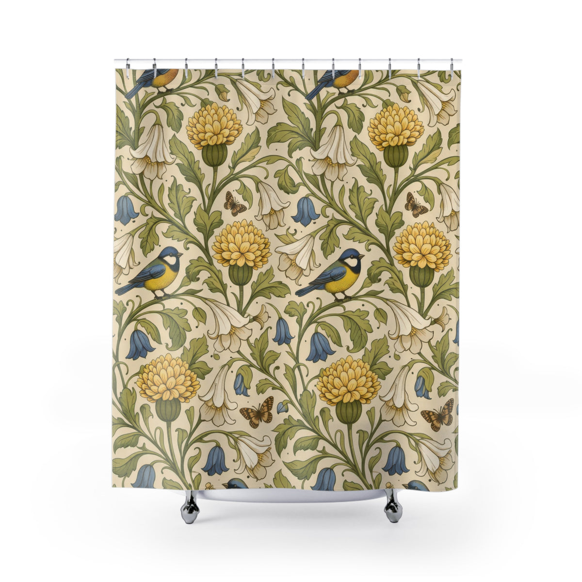 William Morris Floral Green Gold Bird shower curtain with full front view
