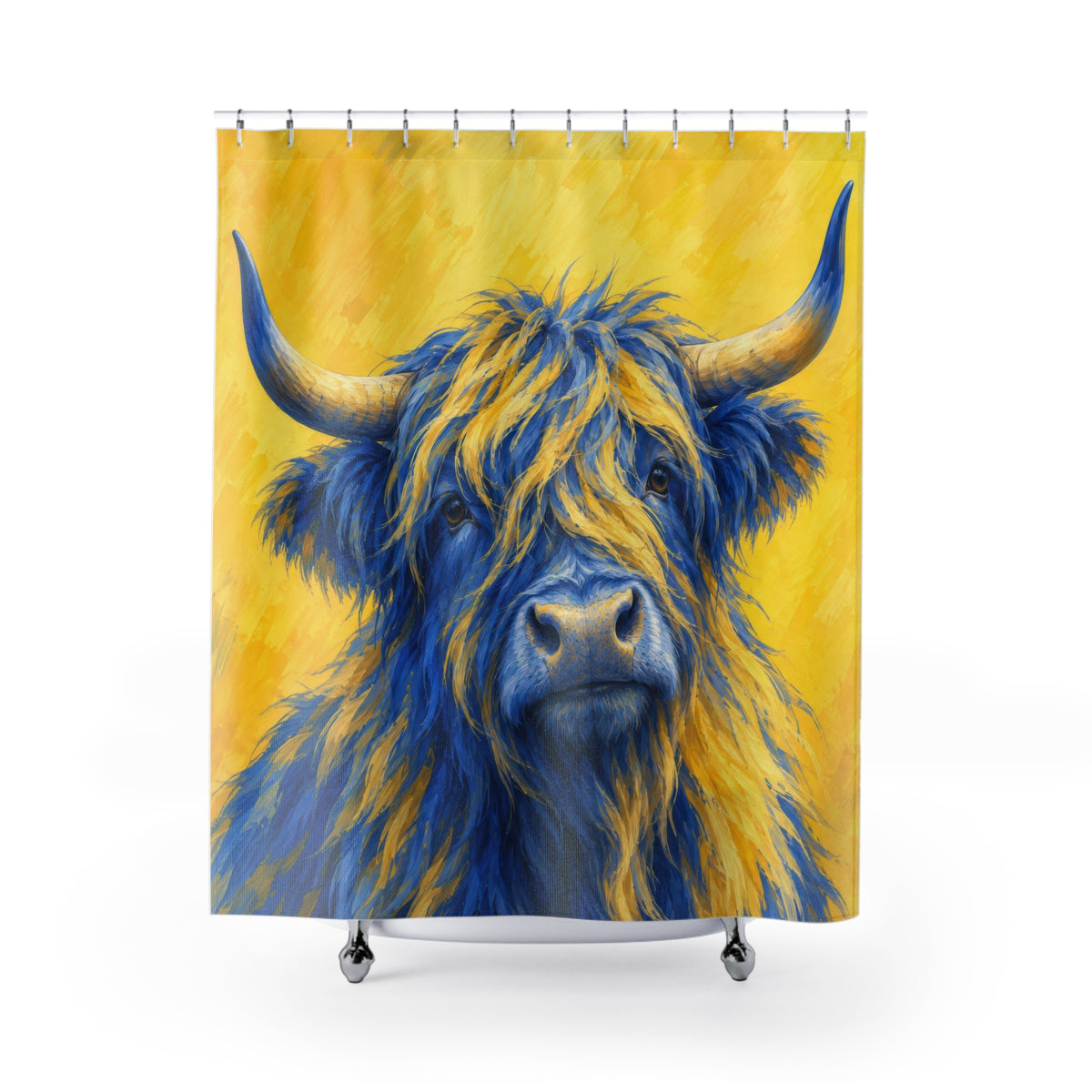 Blue Highland cow with yellow highlights on a yellow ground shower curtain with full front view