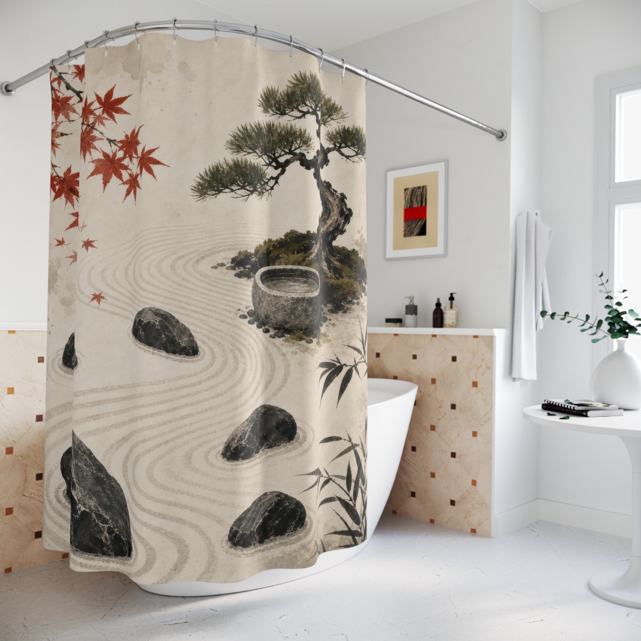 Zen Garden Shower Curtain, Sumi Ink Raked Sand and Stones