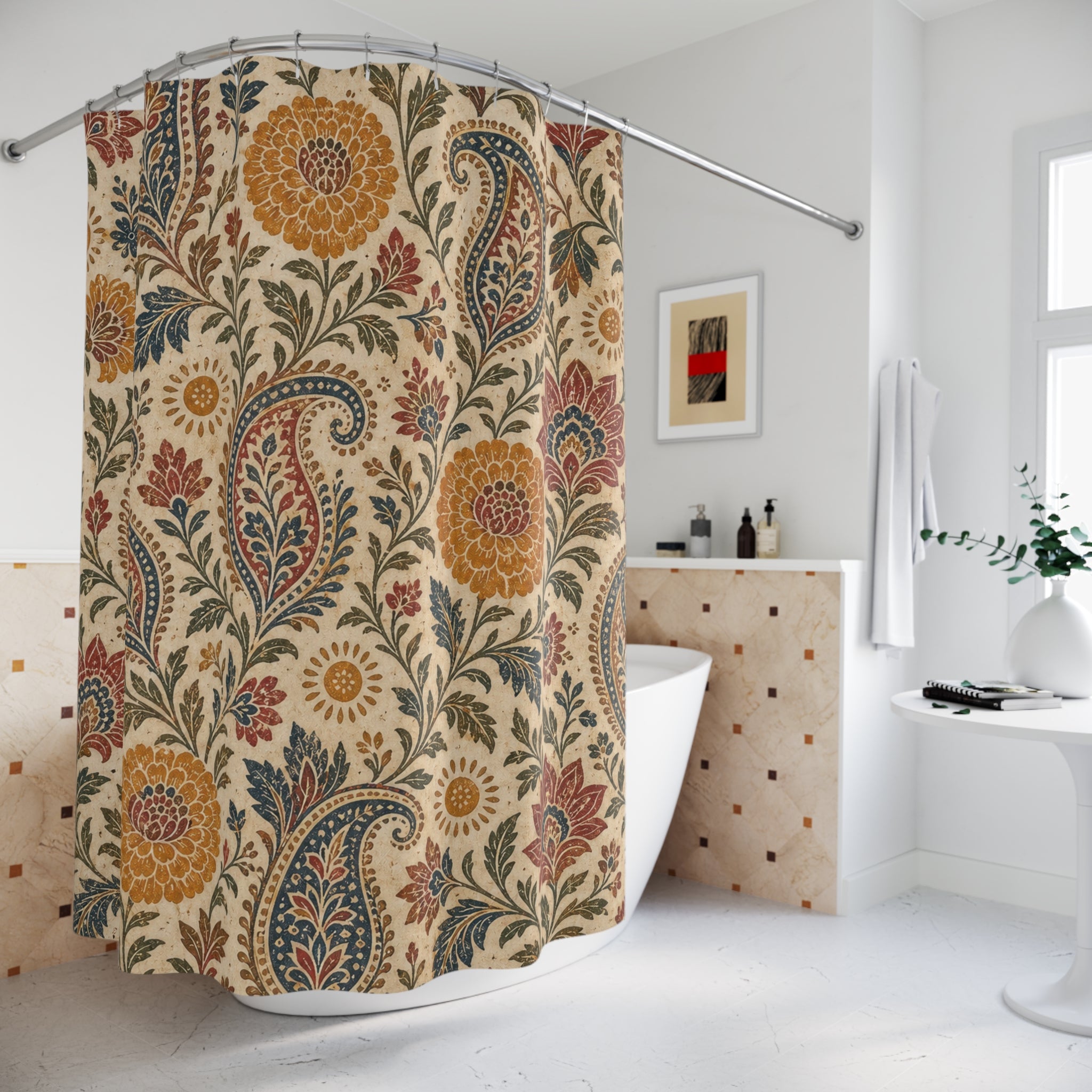Rust Teal Paisley Shower Curtain