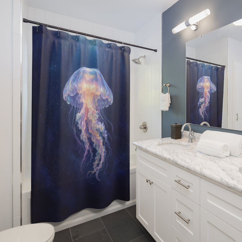 Opalescent jellyfish in deep blue water shower curtain beside a white vanity