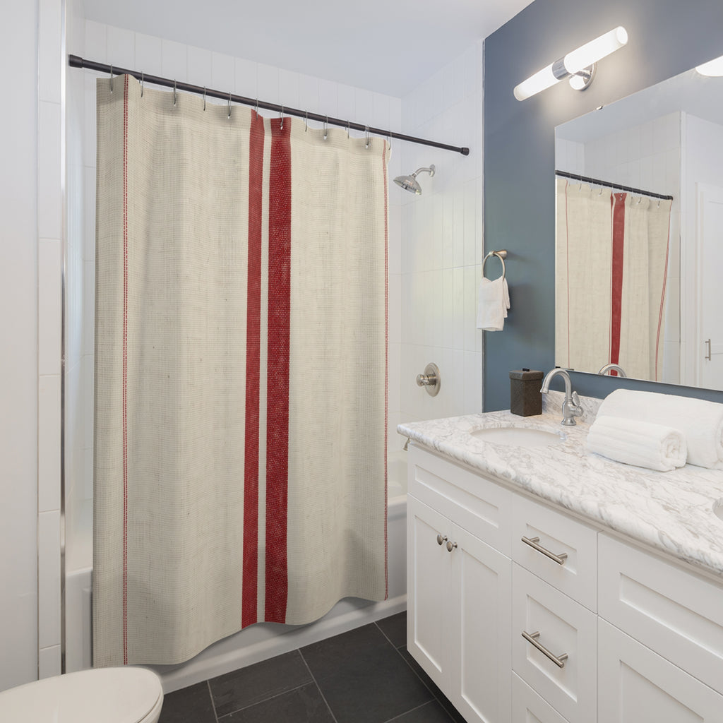 French Red Stripe Shower Curtain, Red Ivory Farmhouse Bathroom Decor, Modern Stripe Bath Curtain, Guest Bath Decor, Small Bathroom Decor