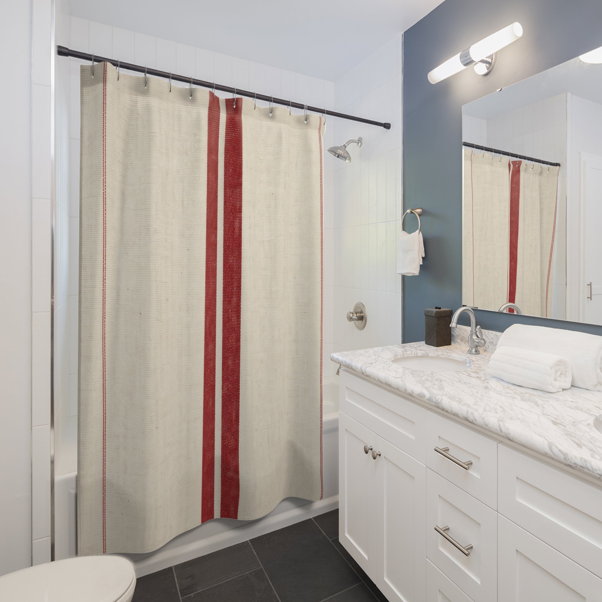 French Red Stripe Shower Curtain, Red Ivory Farmhouse Bathroom Decor, Modern Stripe Bath Curtain, Guest Bath Decor, Small Bathroom Decor