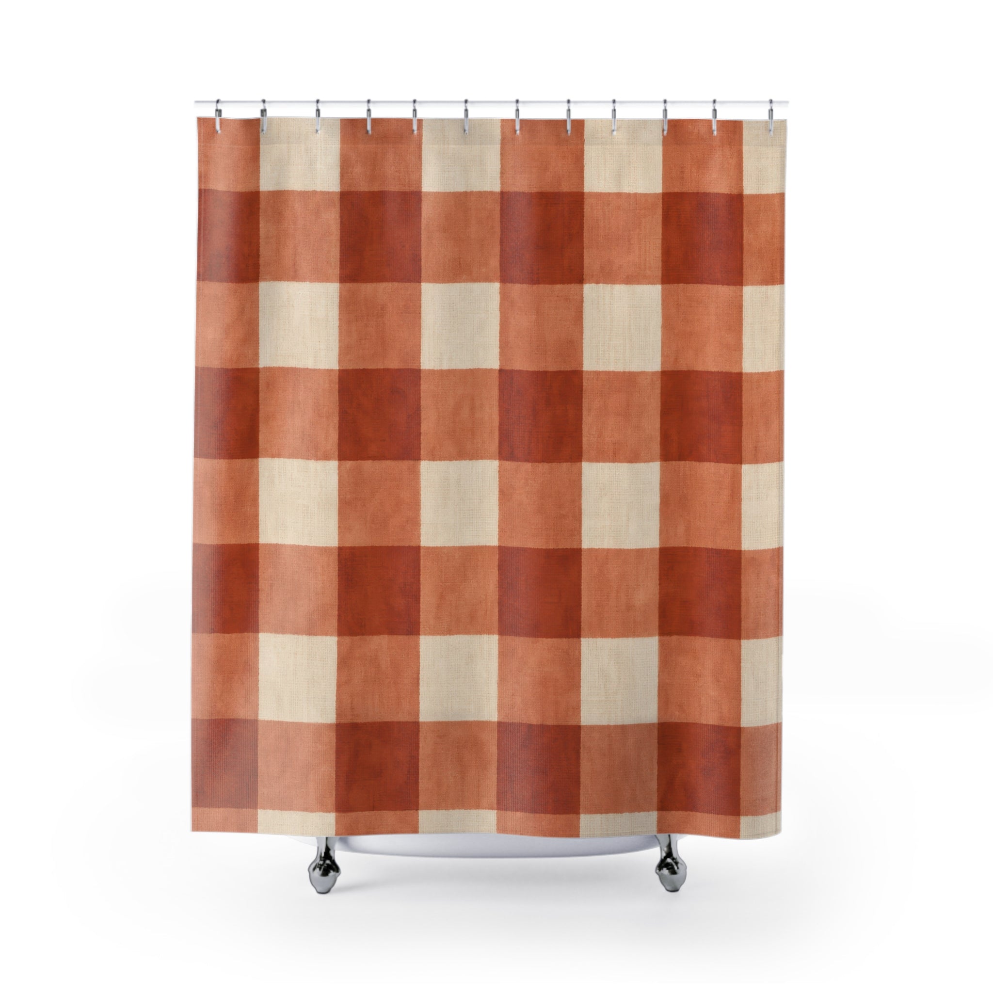 Buffalo Check Shower Curtain, Burnt Orange Cream Plaid Pattern, Farmhouse Bathroom Decor, Warm Country Guest Bath Autumn Style