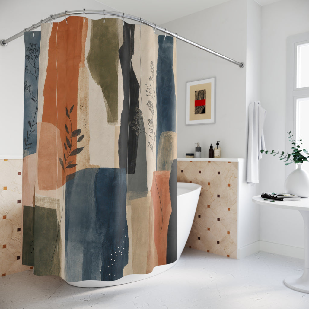 Abstract Brush Shower Curtain, Blue Rust Modern Bathroom Decor, Painterly Block Bath Curtain, Guest Bathroom Decor, Apartment Bath Decor