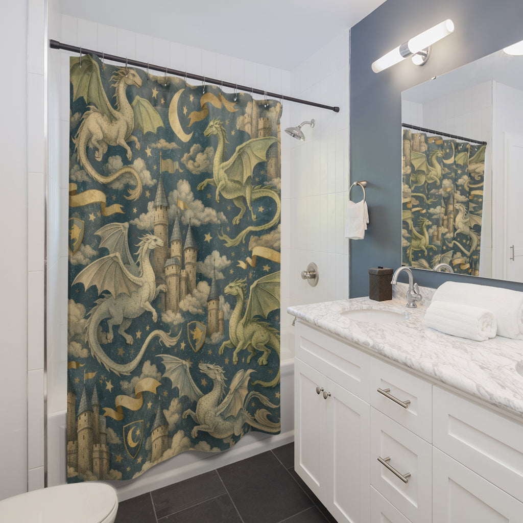 Fantasy Dragon Shower Curtain – Kids Blue & Sage Castle