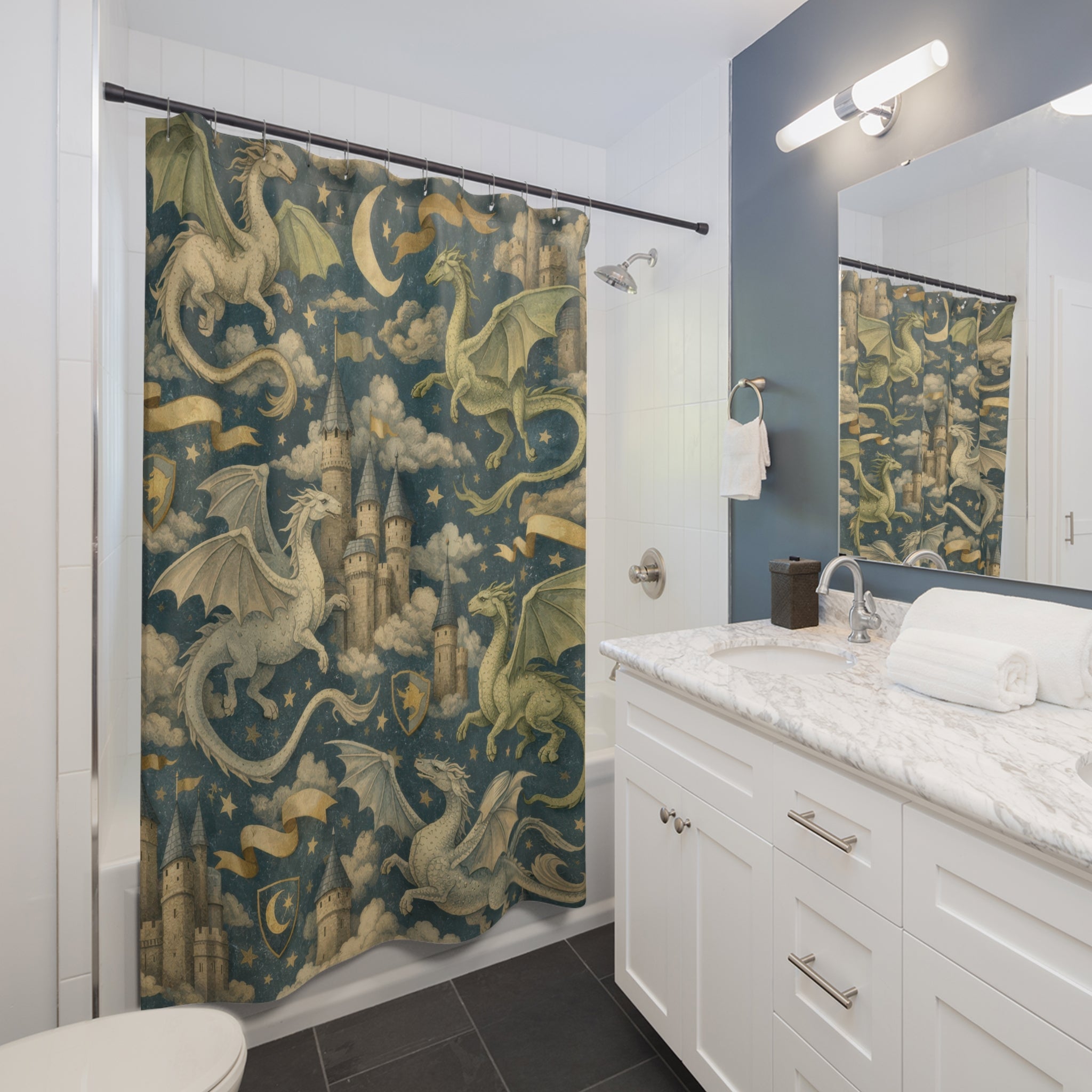 Fantasy Dragon Shower Curtain – Kids Blue & Sage Castle