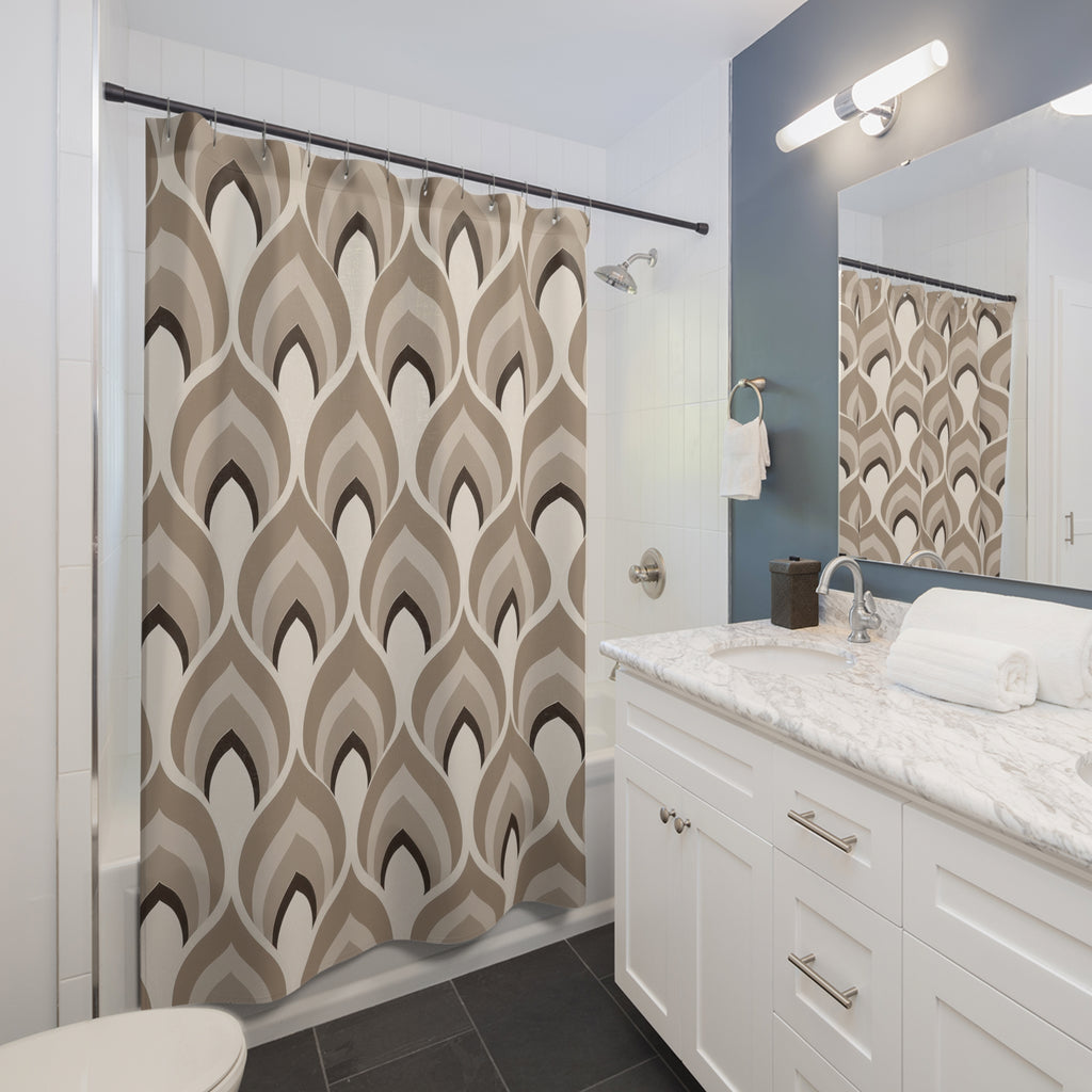 Nested taupe and mushroom ogee fan geometric pattern shower curtain beside a white vanity