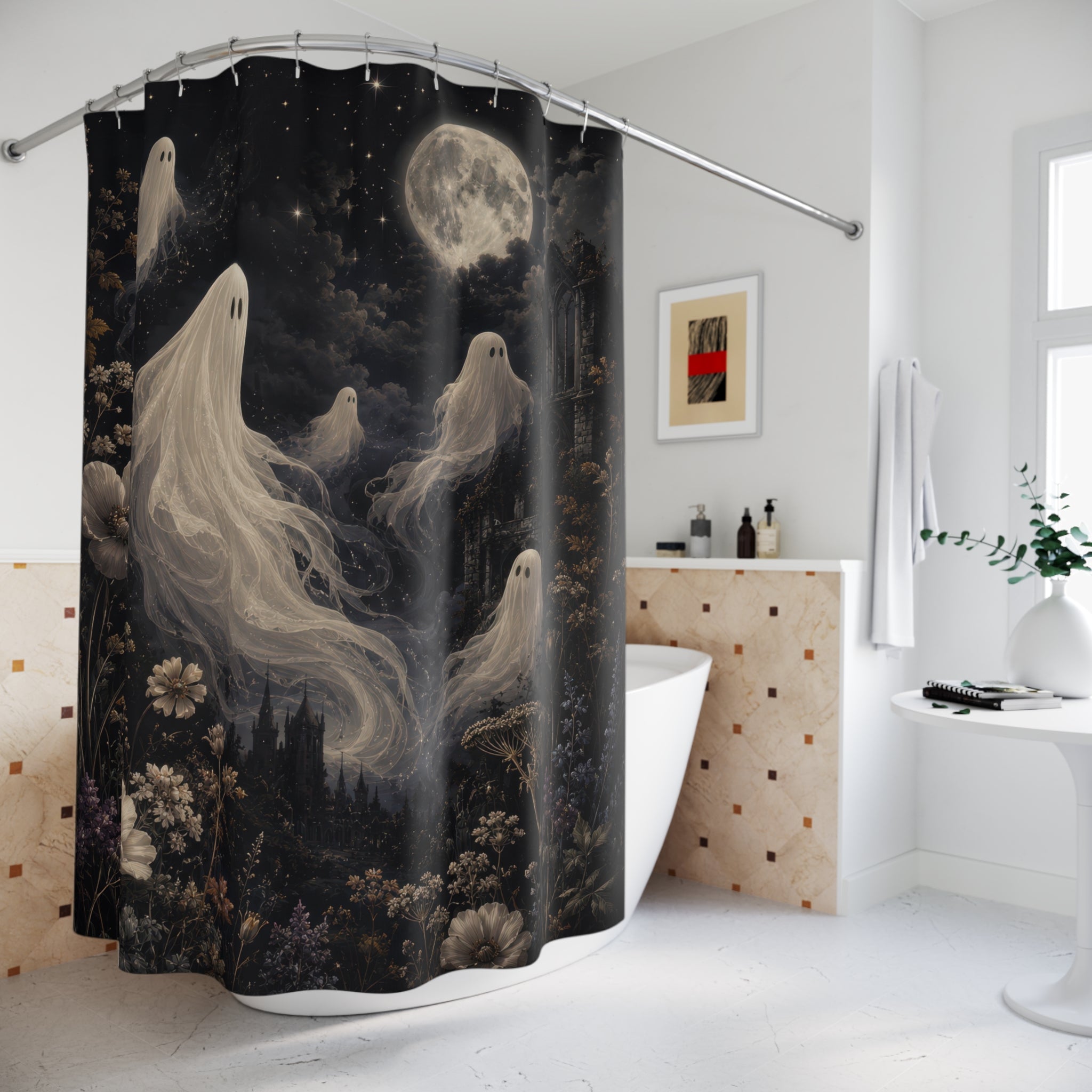 Ghost Shower Curtain: Moonlit Gothic Botanical