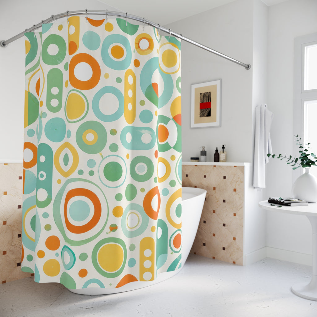 Retro Shower Curtain, Mod Circle Dot Pattern, Orange Teal 60s Bathroom Decor, Playful Mod Orange Teal Wall Decor Guest Bath Wall Gift