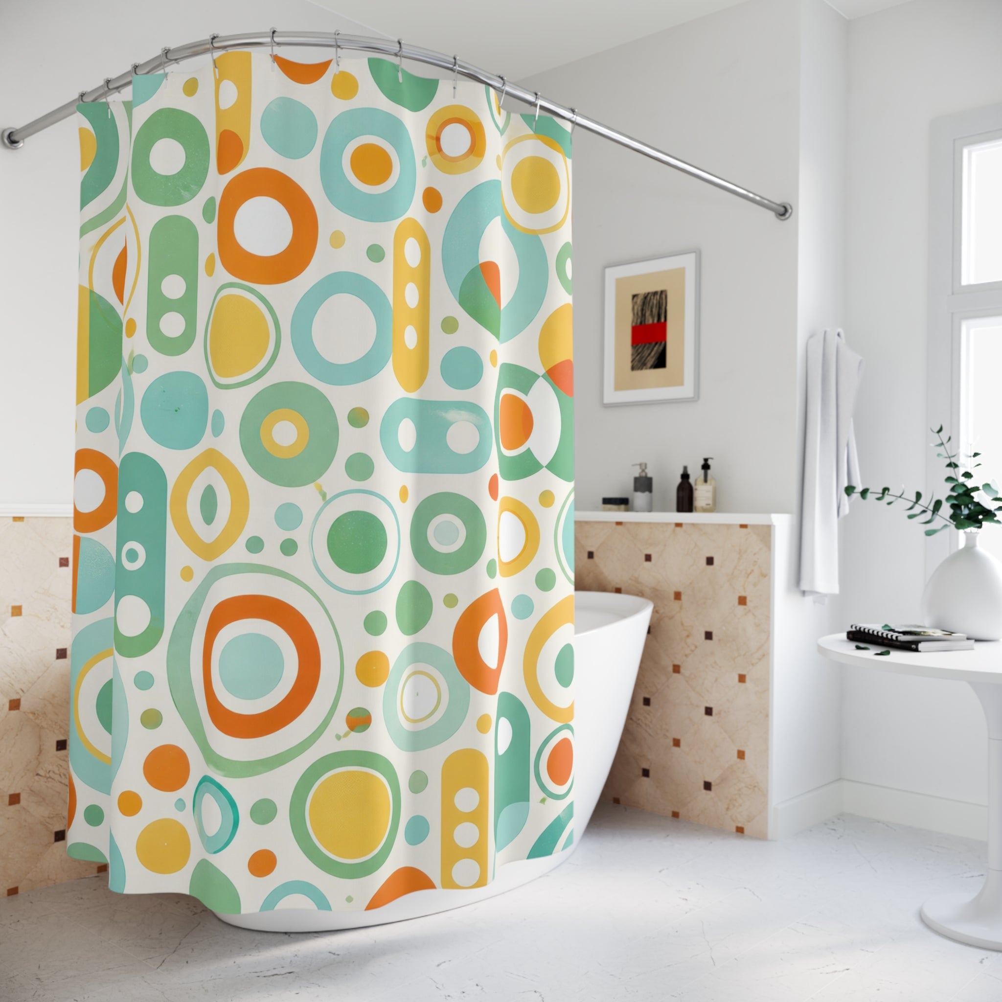 Retro Shower Curtain, Mod Circle Dot Pattern, Orange Teal 60s Bathroom Decor, Playful Mod Orange Teal Wall Decor Guest Bath Wall Gift