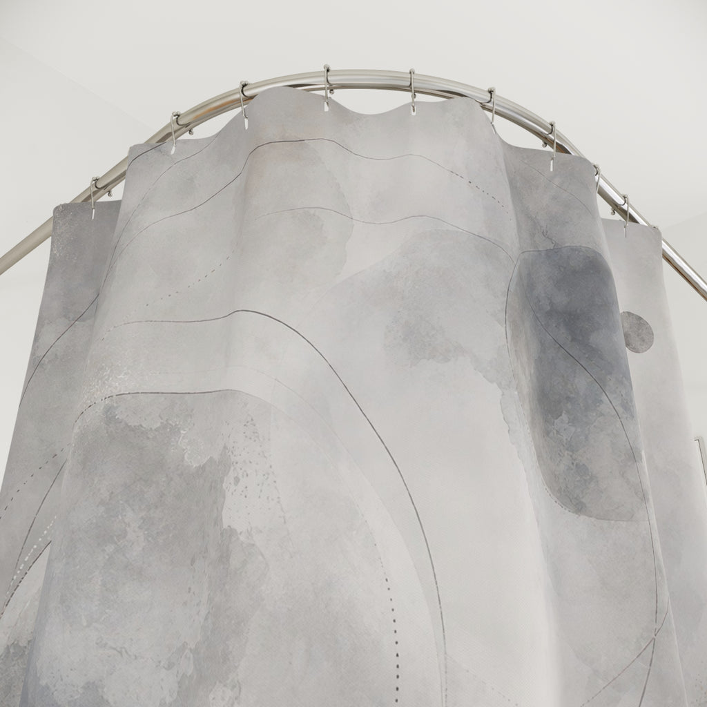 Celestial Shower Curtain, Gray Moon Bath Decor, Abstract Circle Pattern, Soft Modern Guest Bathroom Decor, Minimal Space Moon Style