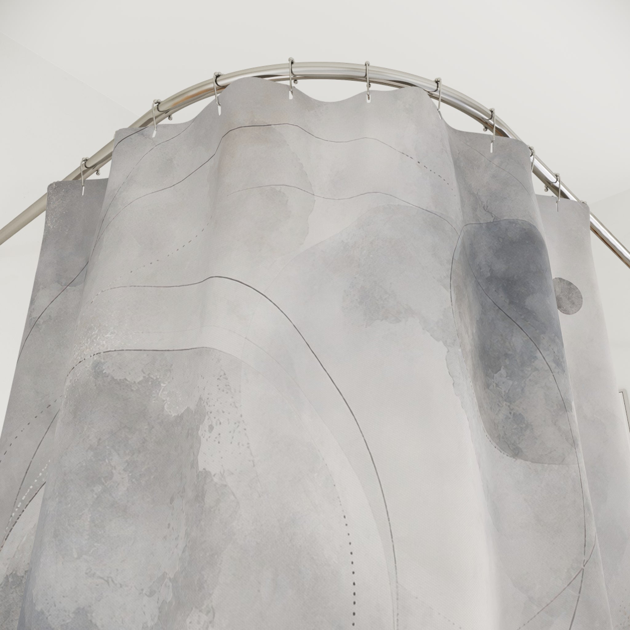 Celestial Shower Curtain, Gray Moon Bath Decor, Abstract Circle Pattern, Soft Modern Guest Bathroom Decor, Minimal Space Moon Style