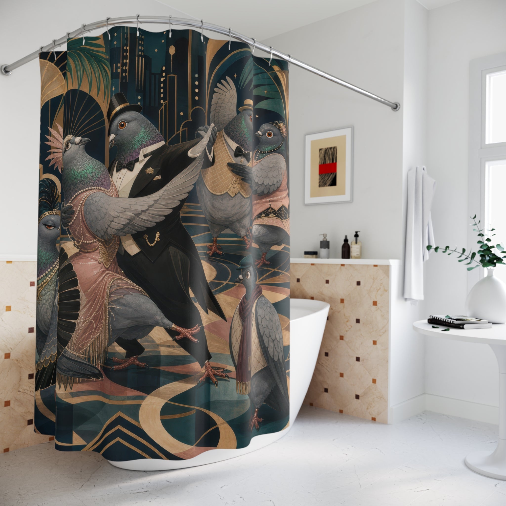 Black Gold Art Deco Dancing Pigeons Shower Curtain