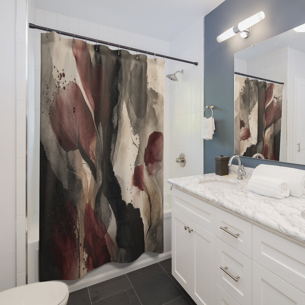 Black Burgundy Watercolor Dark Floral Shower Curtain