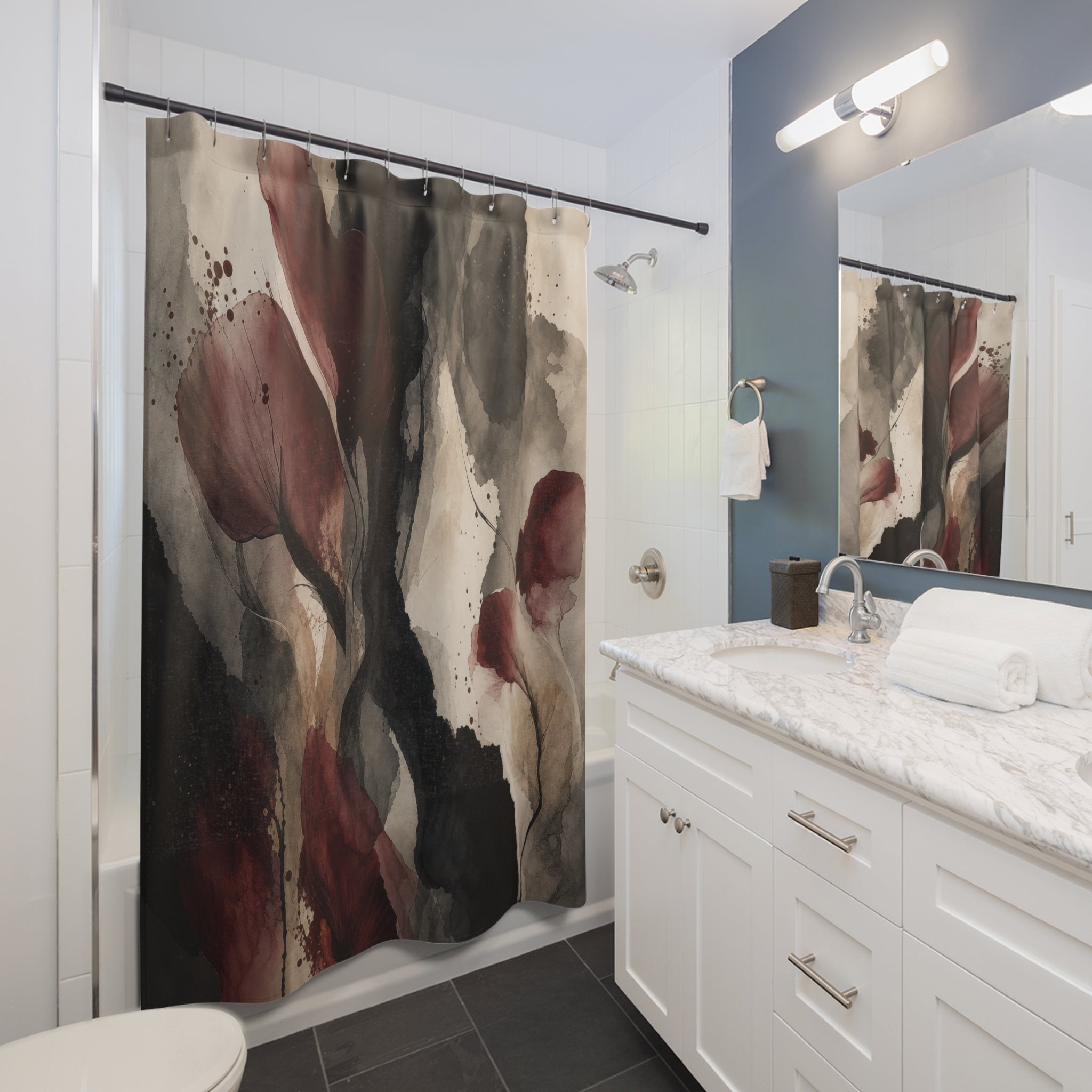 Black Burgundy Watercolor Dark Floral Shower Curtain