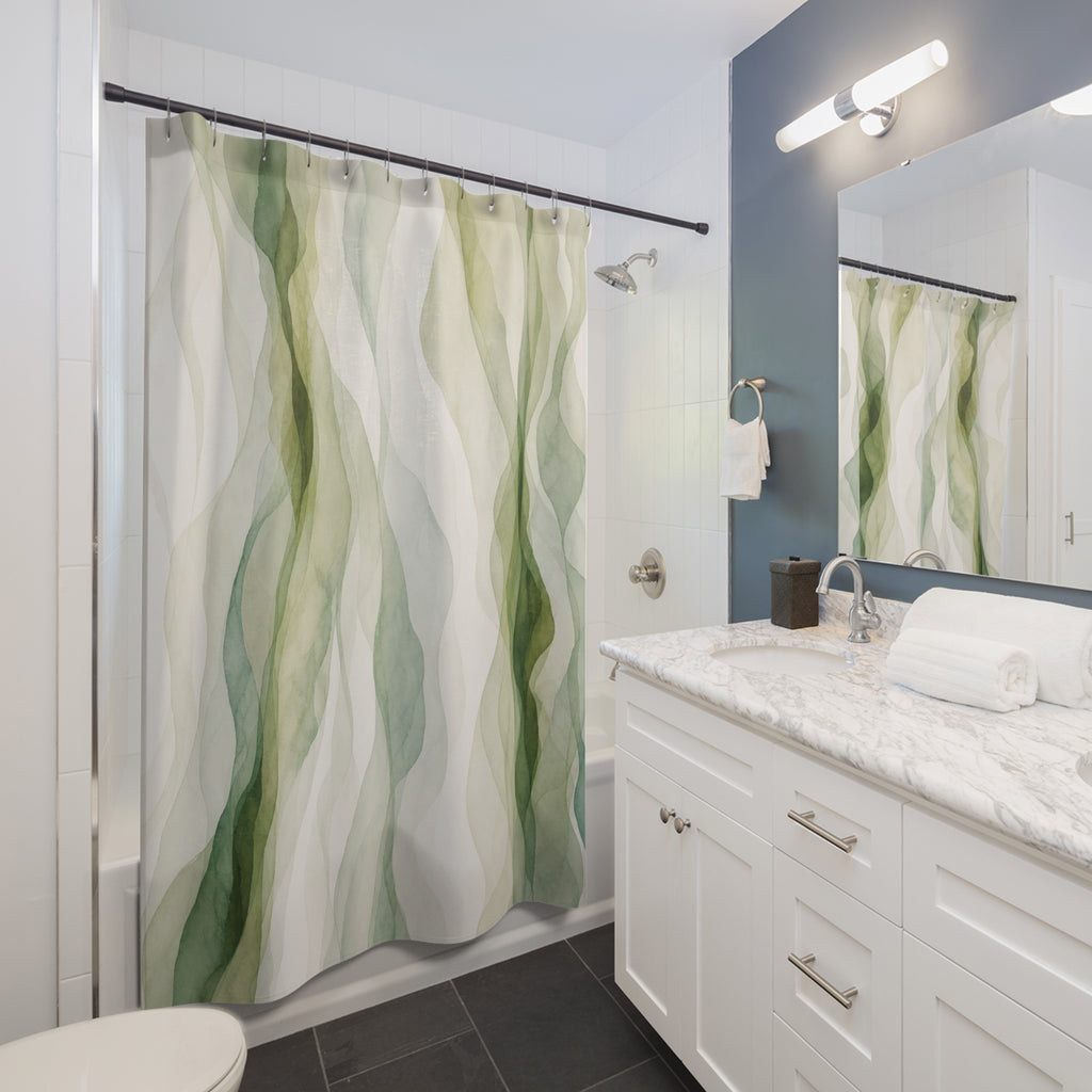 White Watercolor Green Stripe Shower Curtain