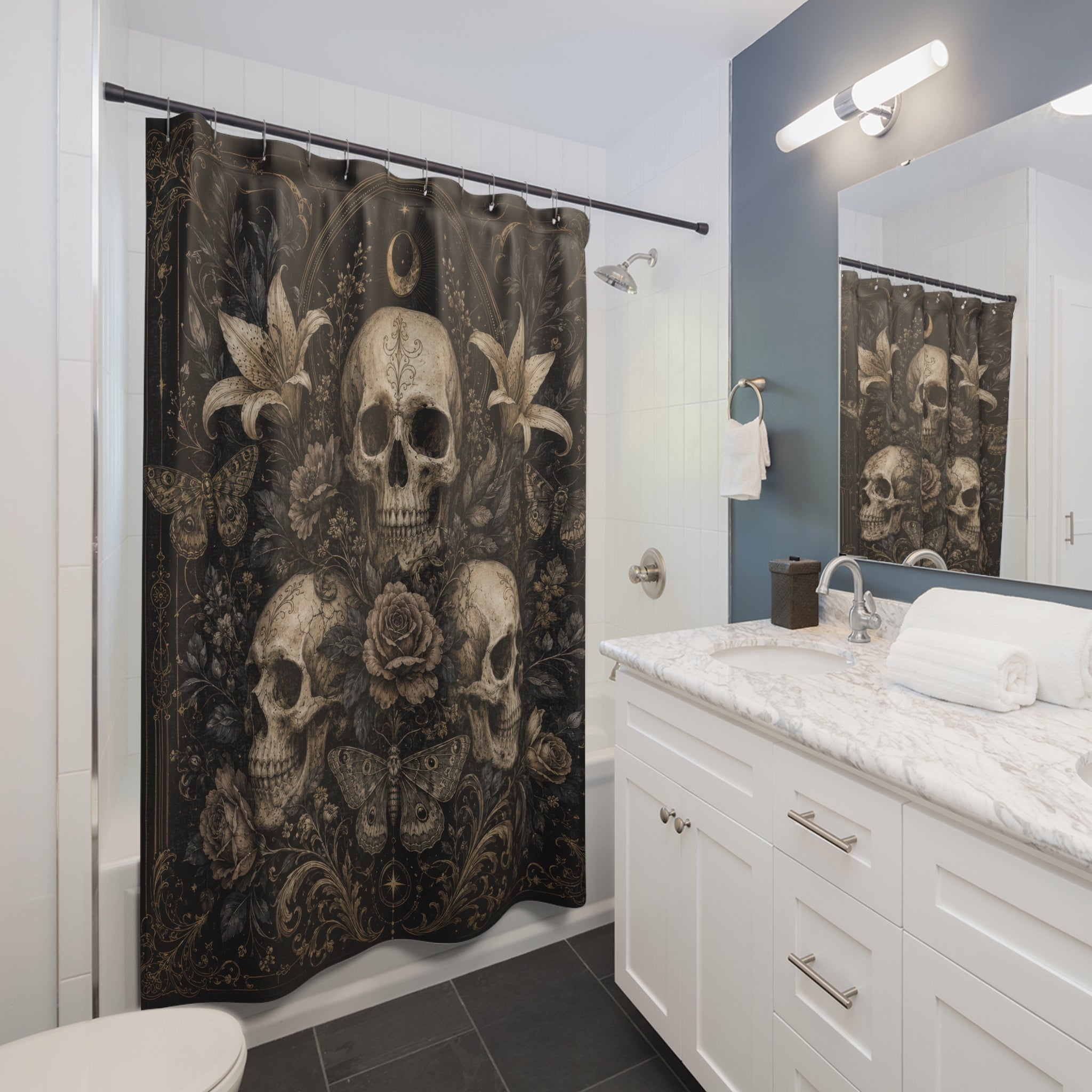 Gothic Skull Shower Curtain: Black Gold Floral Moon Moth