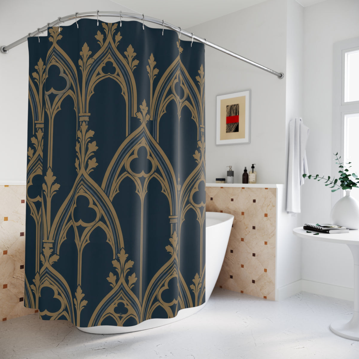 Ochre pointed arches and trefoil tracery on dark navy shower curtain beside a freestanding tub