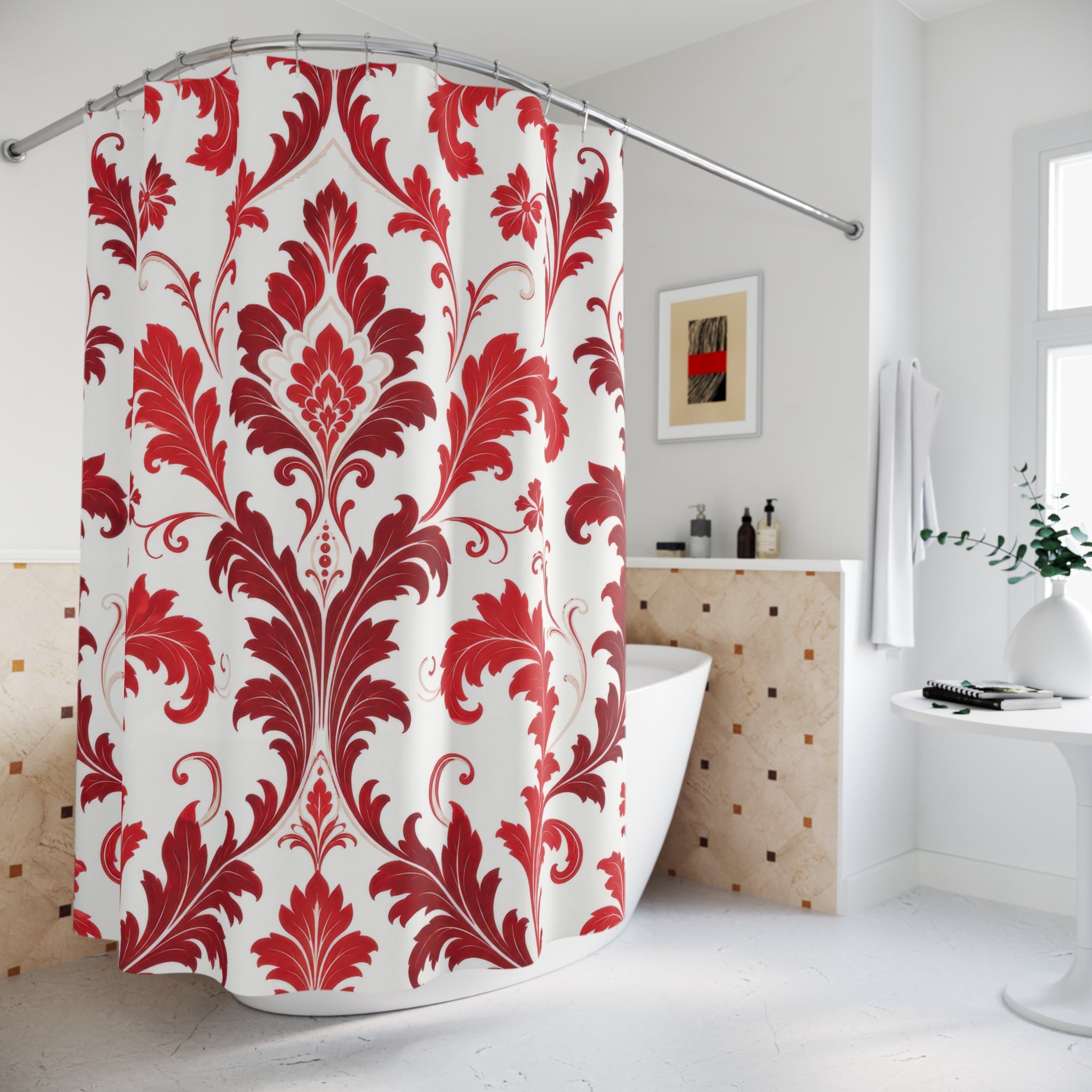 Red White Damask Shower Curtain