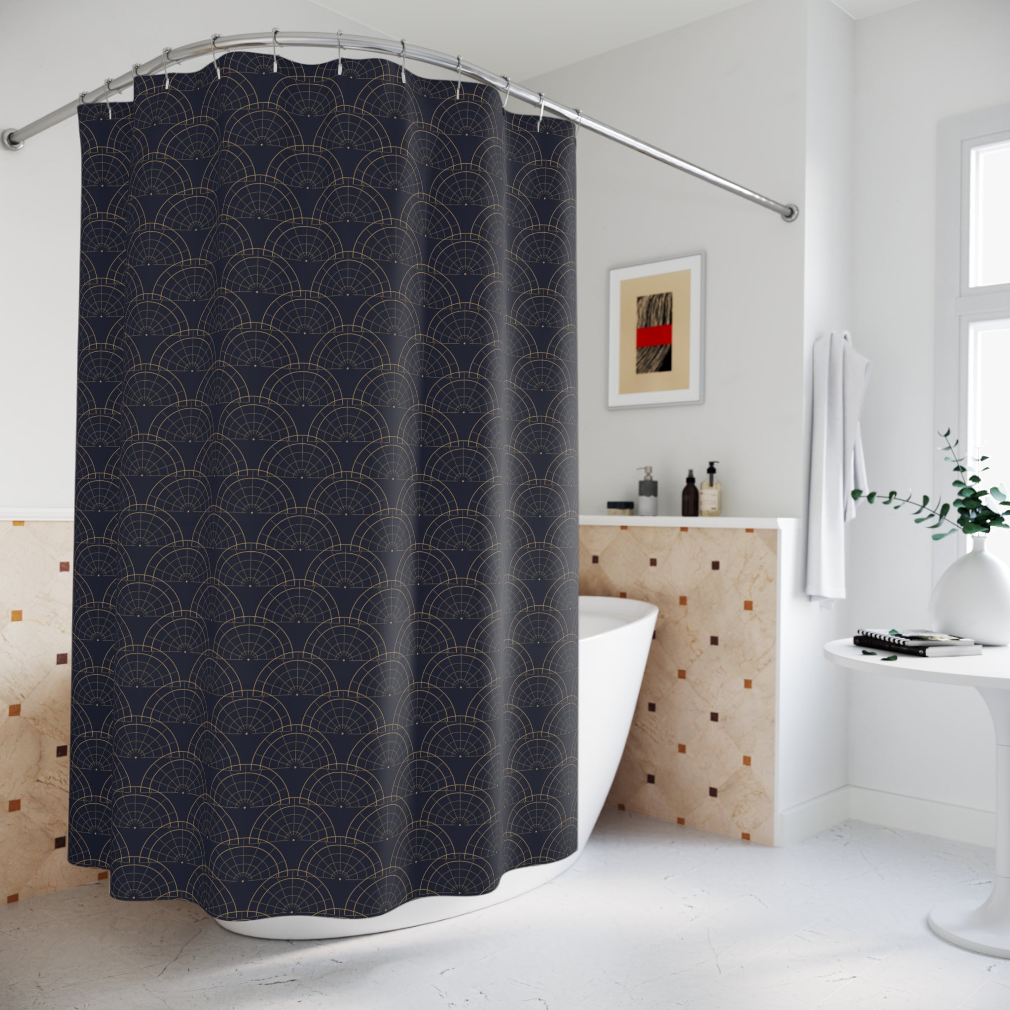 Art Deco Fan Shower Curtain – Gold and Navy