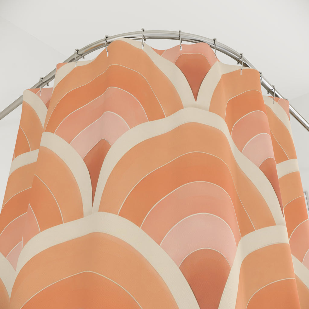Peach Art Deco fan pattern shower curtain with close-up print, hooks, and folds