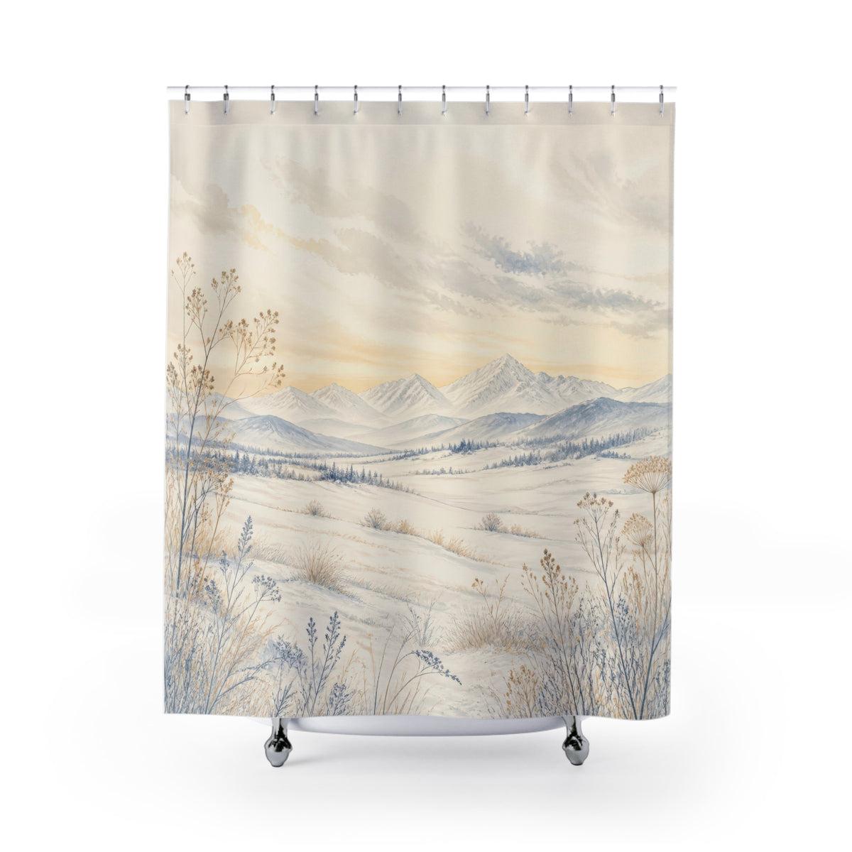 Ivory frost meadow with blue botanicals and mountains shower curtain with full front view