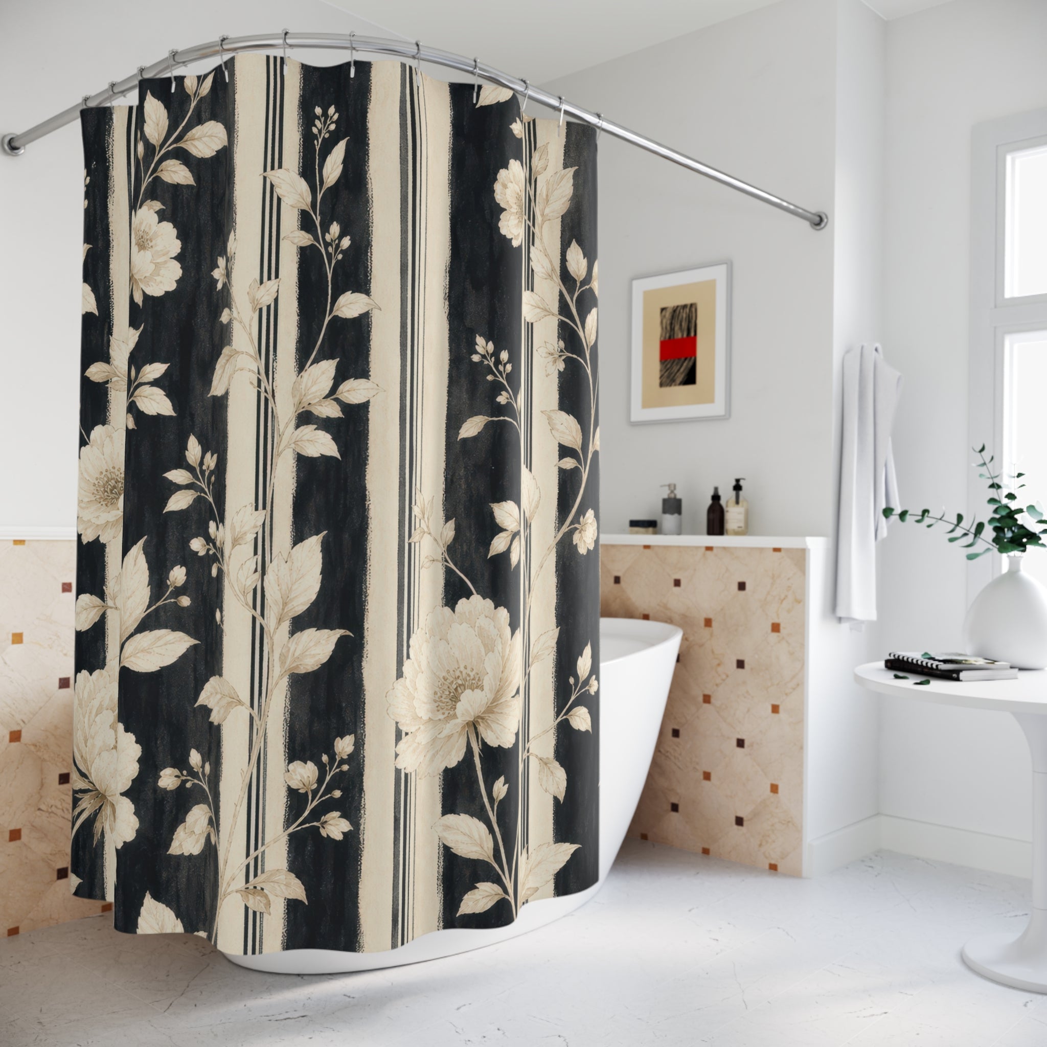 Cream Botanical Stripe Shower Curtain