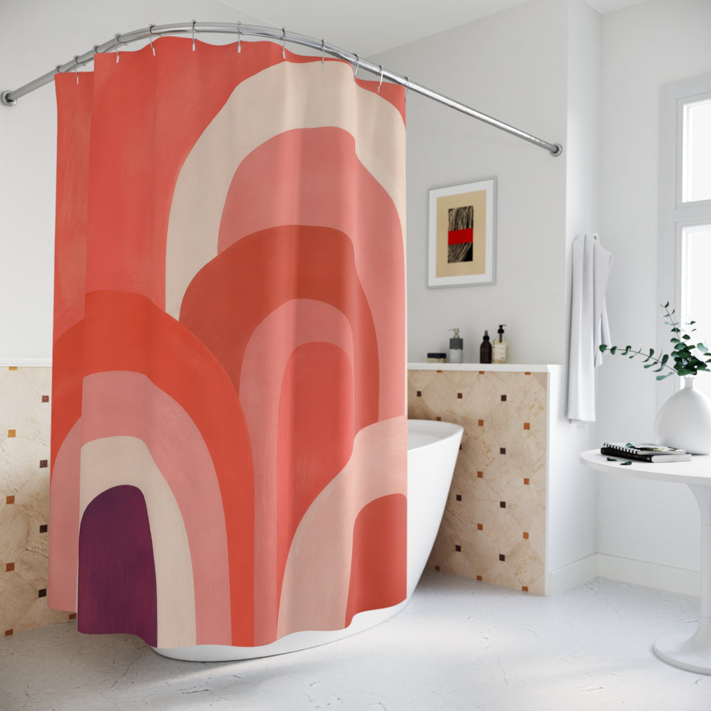 Overlapping coral rainbow arches with a plum accent shower curtain beside a freestanding tub