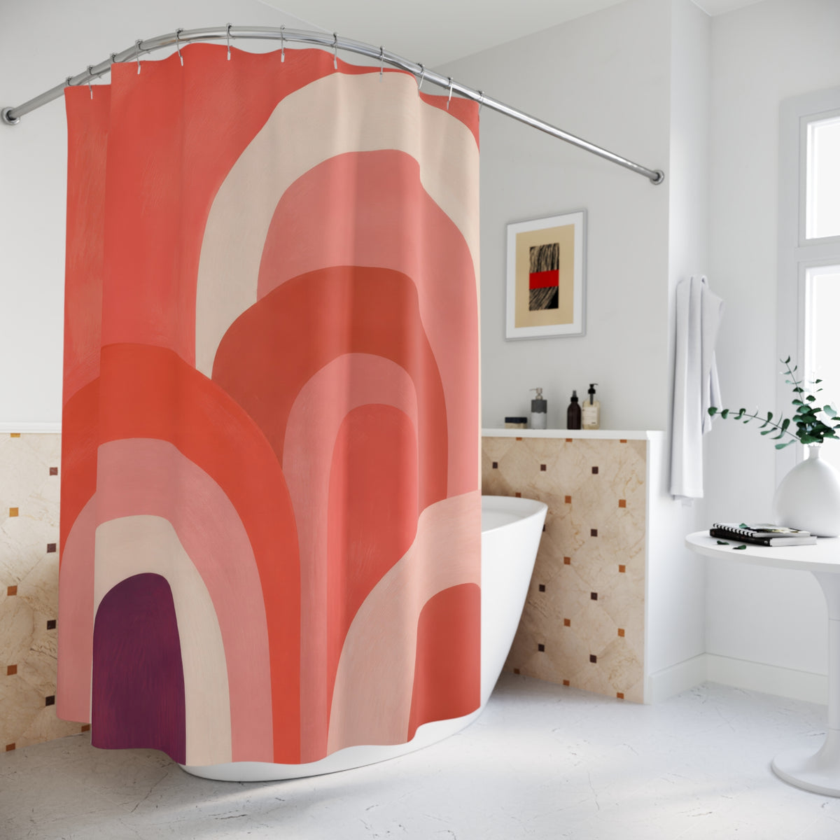 Overlapping coral rainbow arches with a plum accent shower curtain beside a freestanding tub