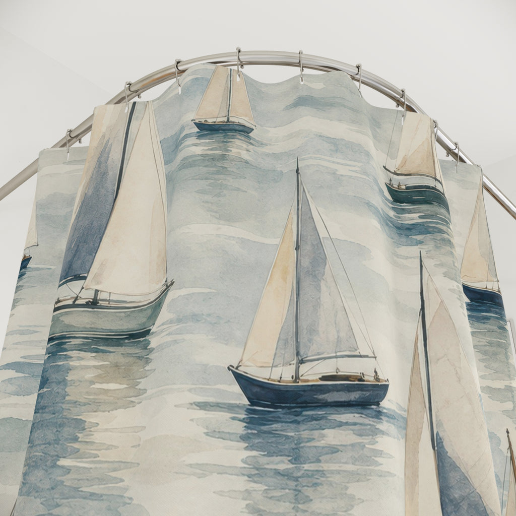 Sailboat Shower Curtain, Blue Watercolor Nautical Pattern, Coastal Bathroom Decor, Lake House Guest Bath Seaside Boat Style