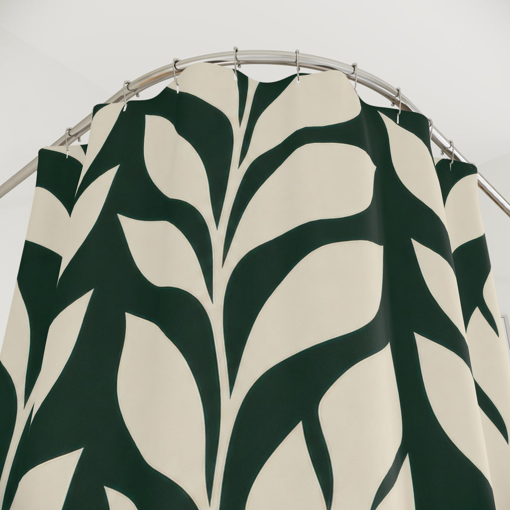 Leaf Shower Curtain, Dark Green Botanical Pattern, Cream Tropical Leaf Bath Decor, Modern Guest Bathroom Accent, Graphic Green Style