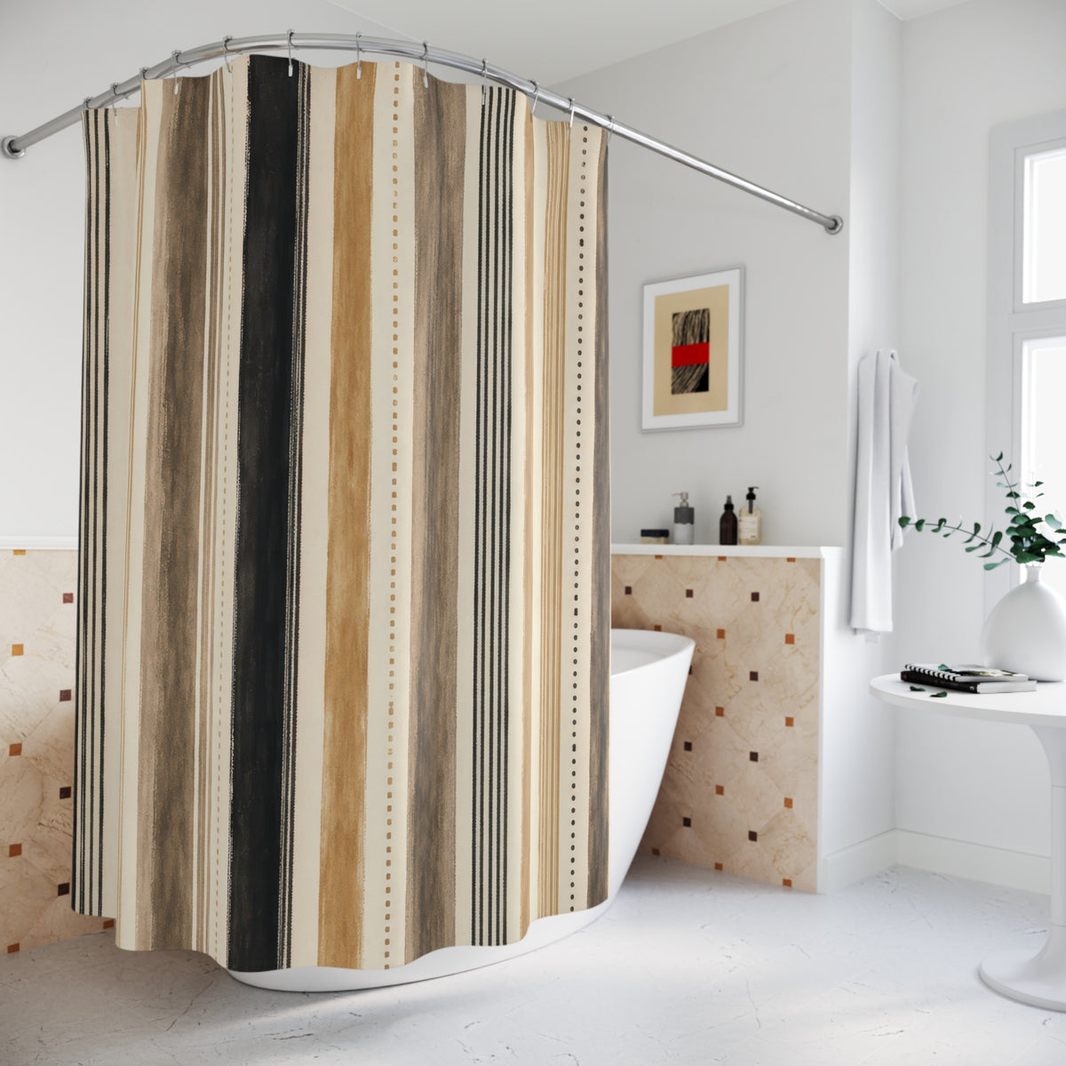 Black Tan Taupe Vertical Stripe Shower Curtain