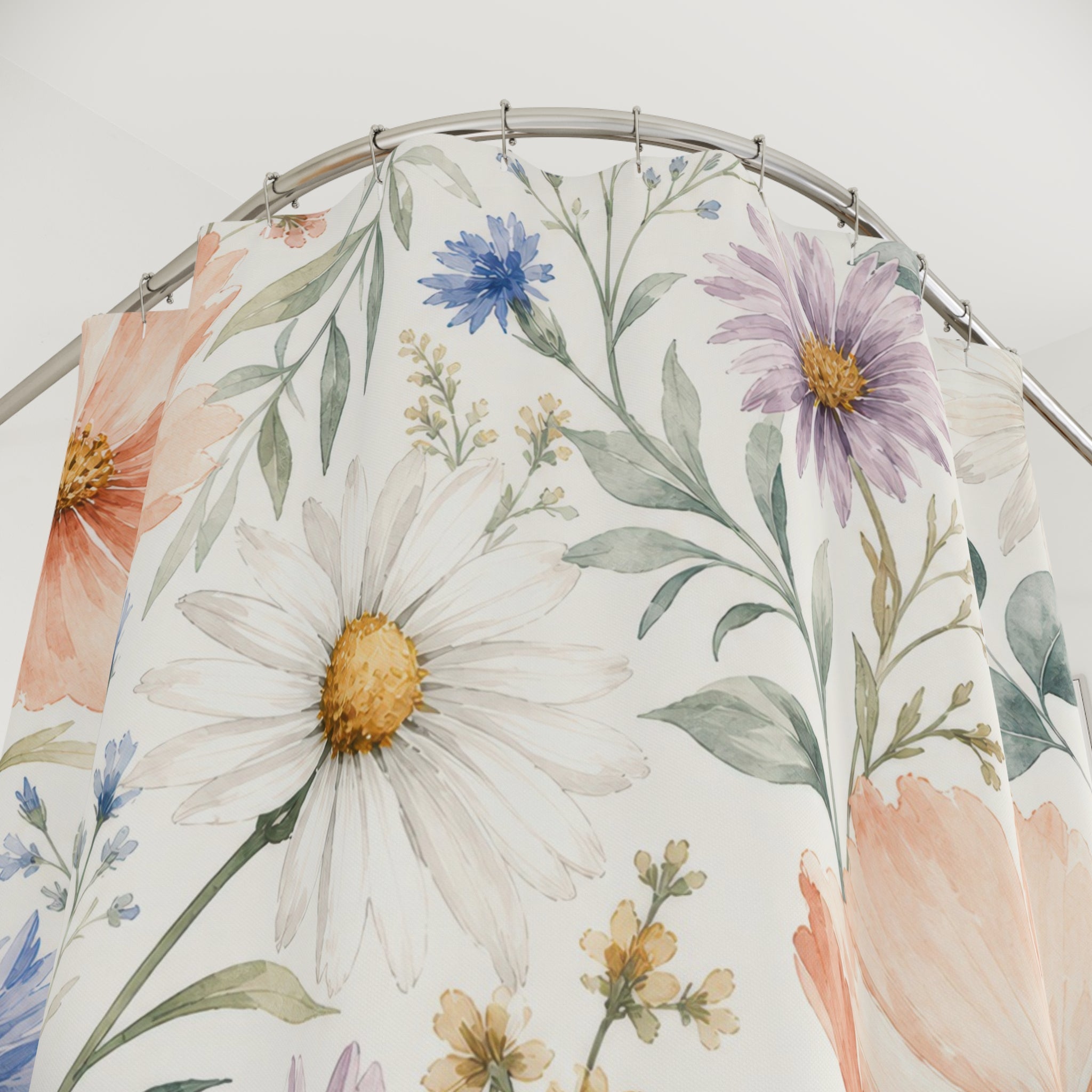 Peach Blue Wildflower Watercolor Shower Curtain