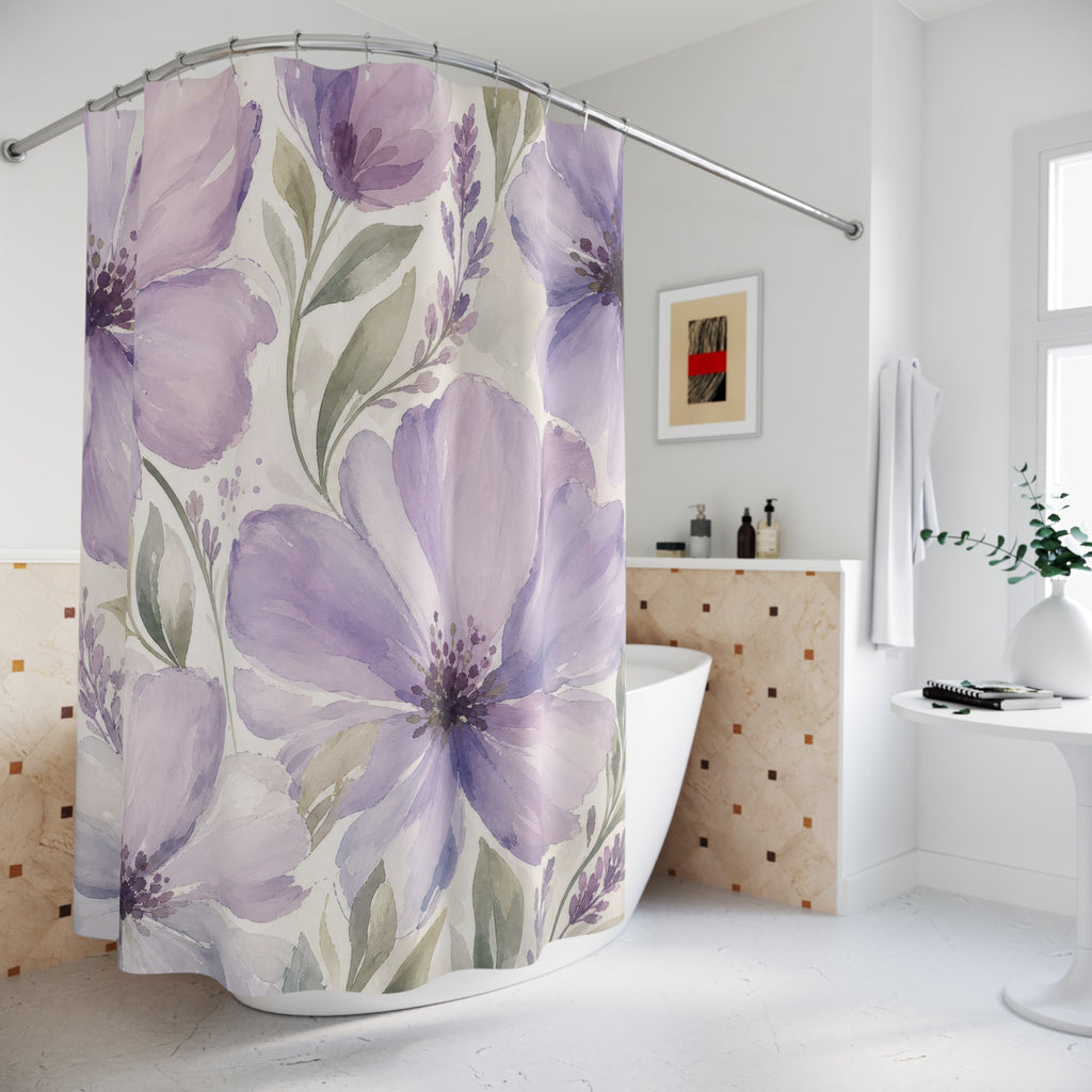 Lavender Modern Flower purple floral shower curtain beside a freestanding tub